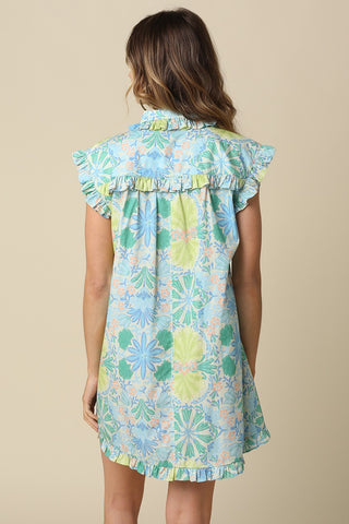 Coastal Bloom Ruffle Sleeve Cotton Mini Dress