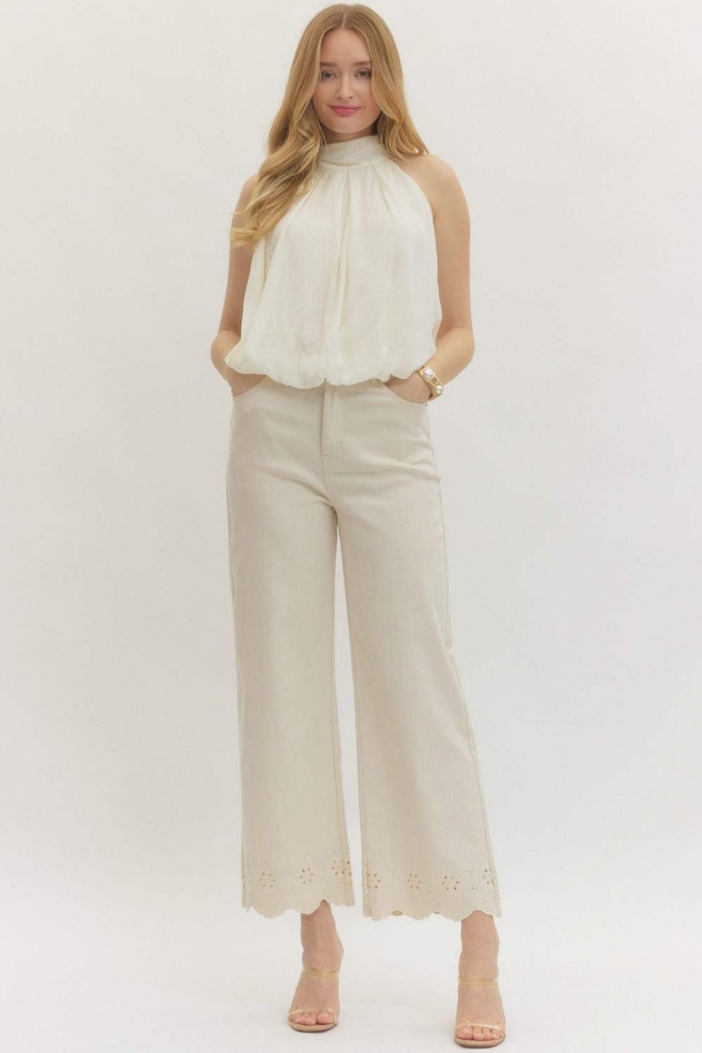 Cream Eyelet Pants - Elk + Elm