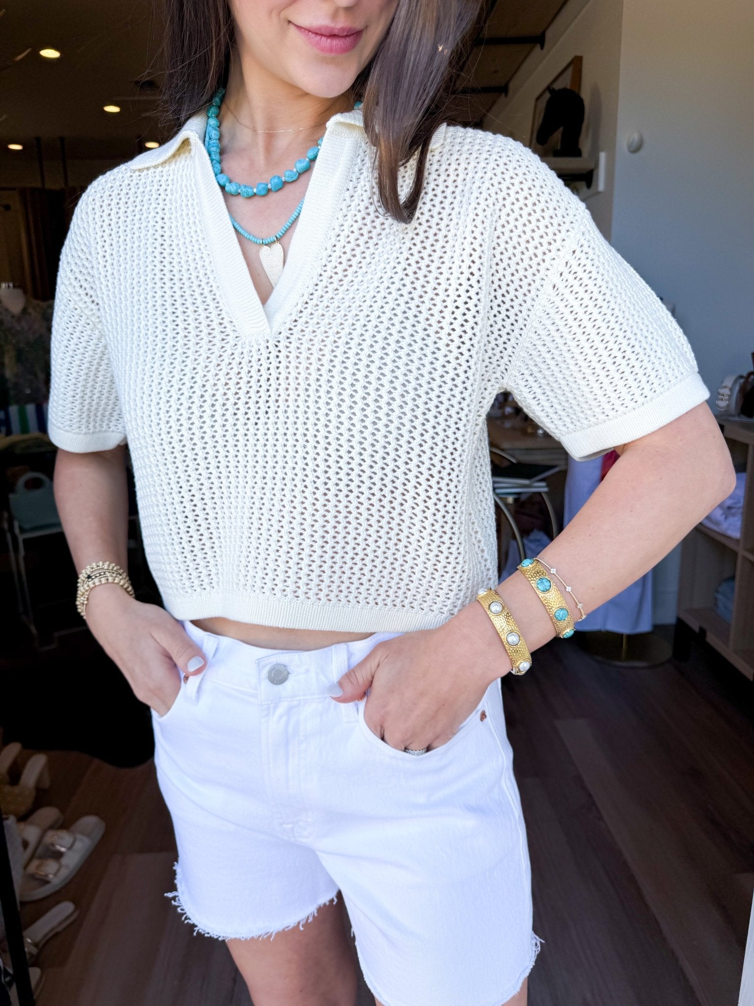 Crochet Collar Top - Beige - Elk + Elm