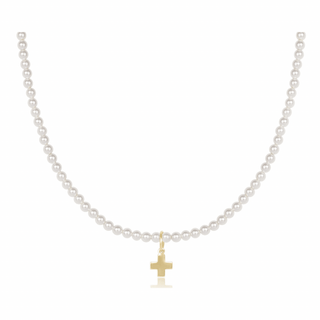 E Newton 15" Choker Classic Pearl 3mm bead. - Signature Cross Gold Charm - Elk + Elm