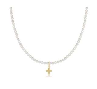 E Newton 15" Choker Classic Pearl 3mm bead. - Signature Cross Gold Charm - Elk + Elm