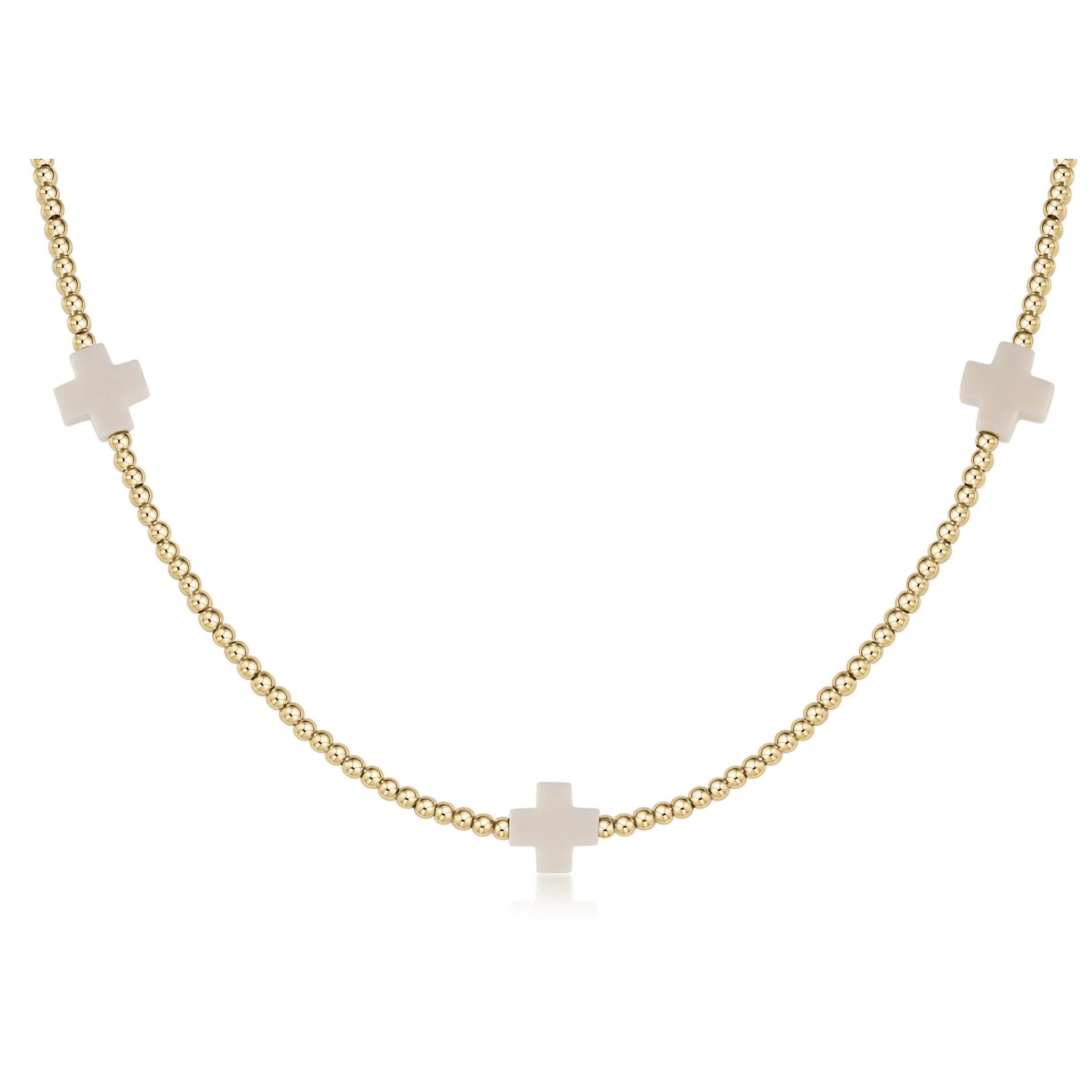 E Newton 15" Choker Signature Cross Gold Pattern 2mm Bead - Off White - Elk + Elm