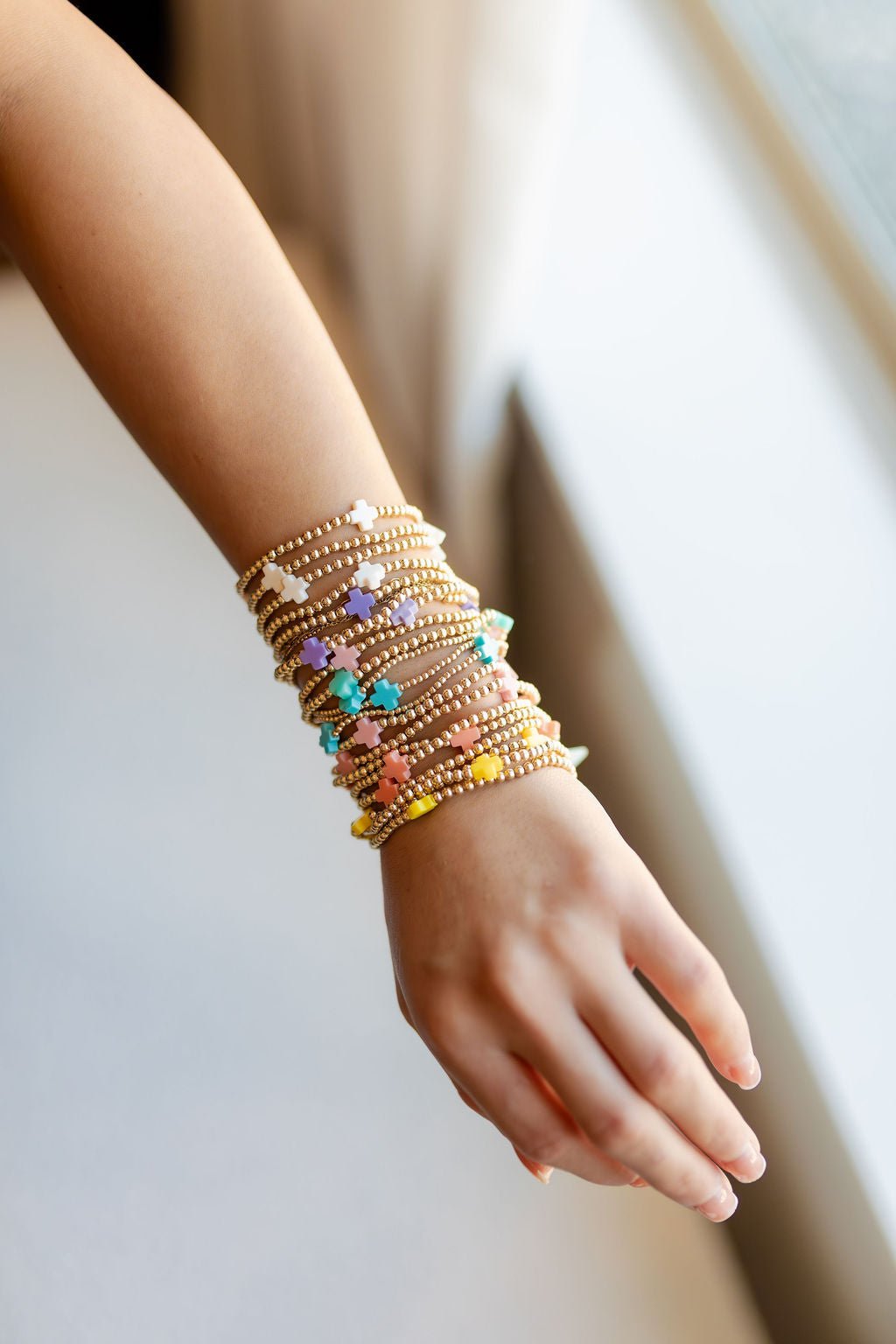 E Newton Signature Cross Gold 3mm Bead Bracelet - Elk + Elm