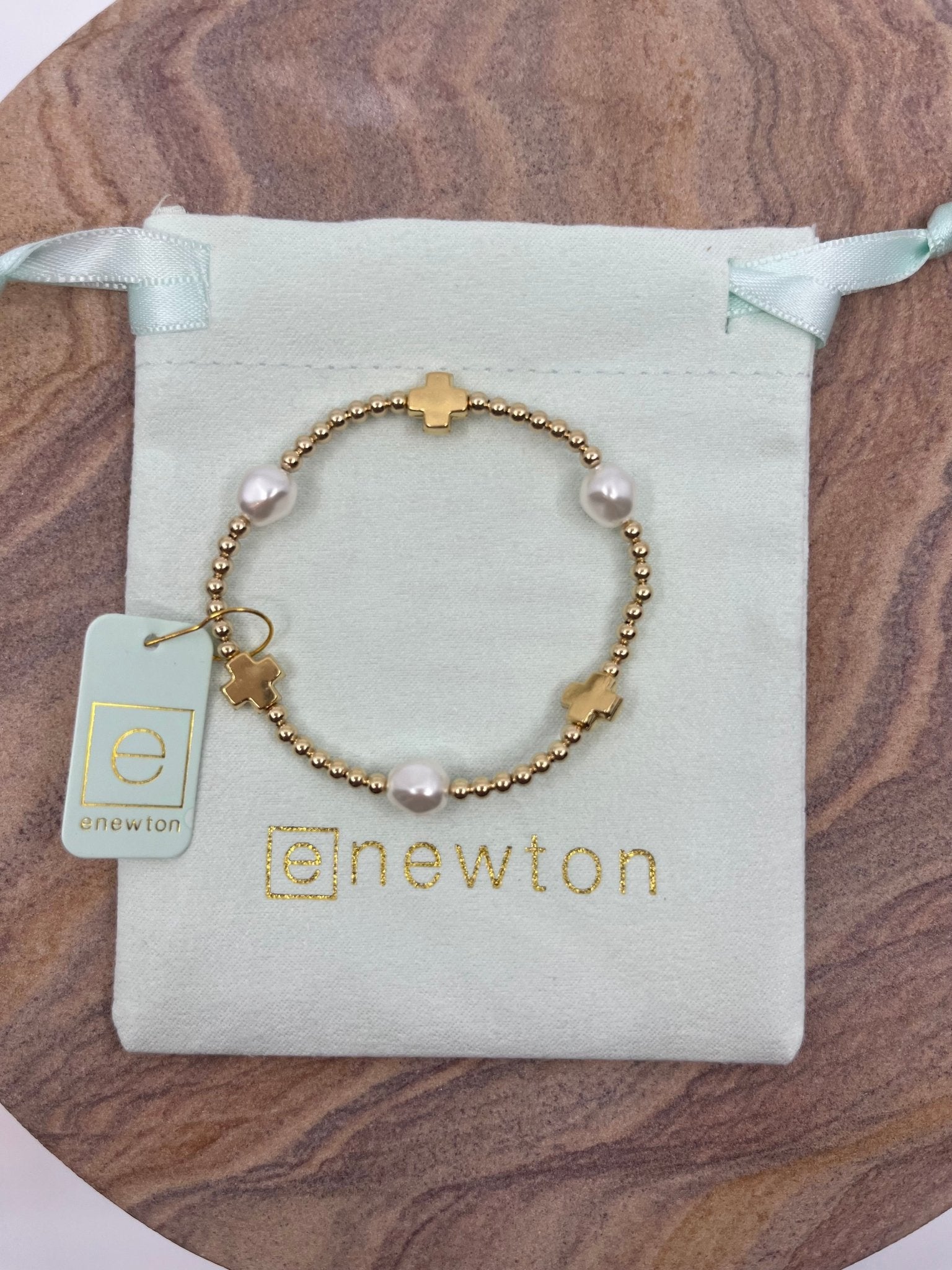 E Newton Signature Cross Gold & Admire Pearl 3mm Gold Bracelet - Elk + Elm