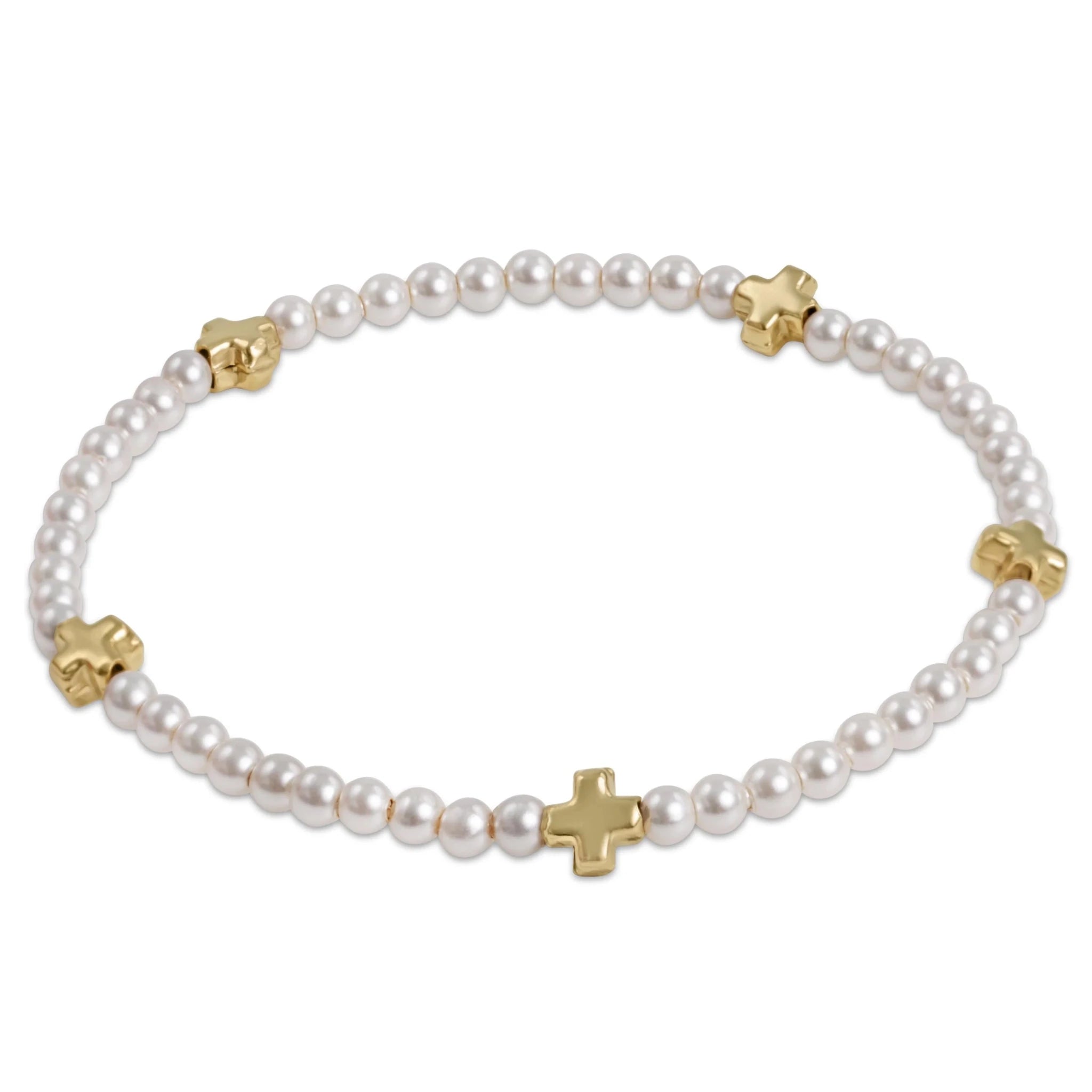 e newton Signature Cross Small Pearl Pattern 3mm Bead Bracelet - Gold - Elk + Elm