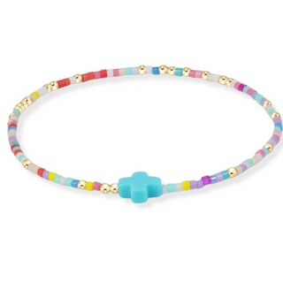 Multicolored beaded necklace with a turquoise clasp on a white background