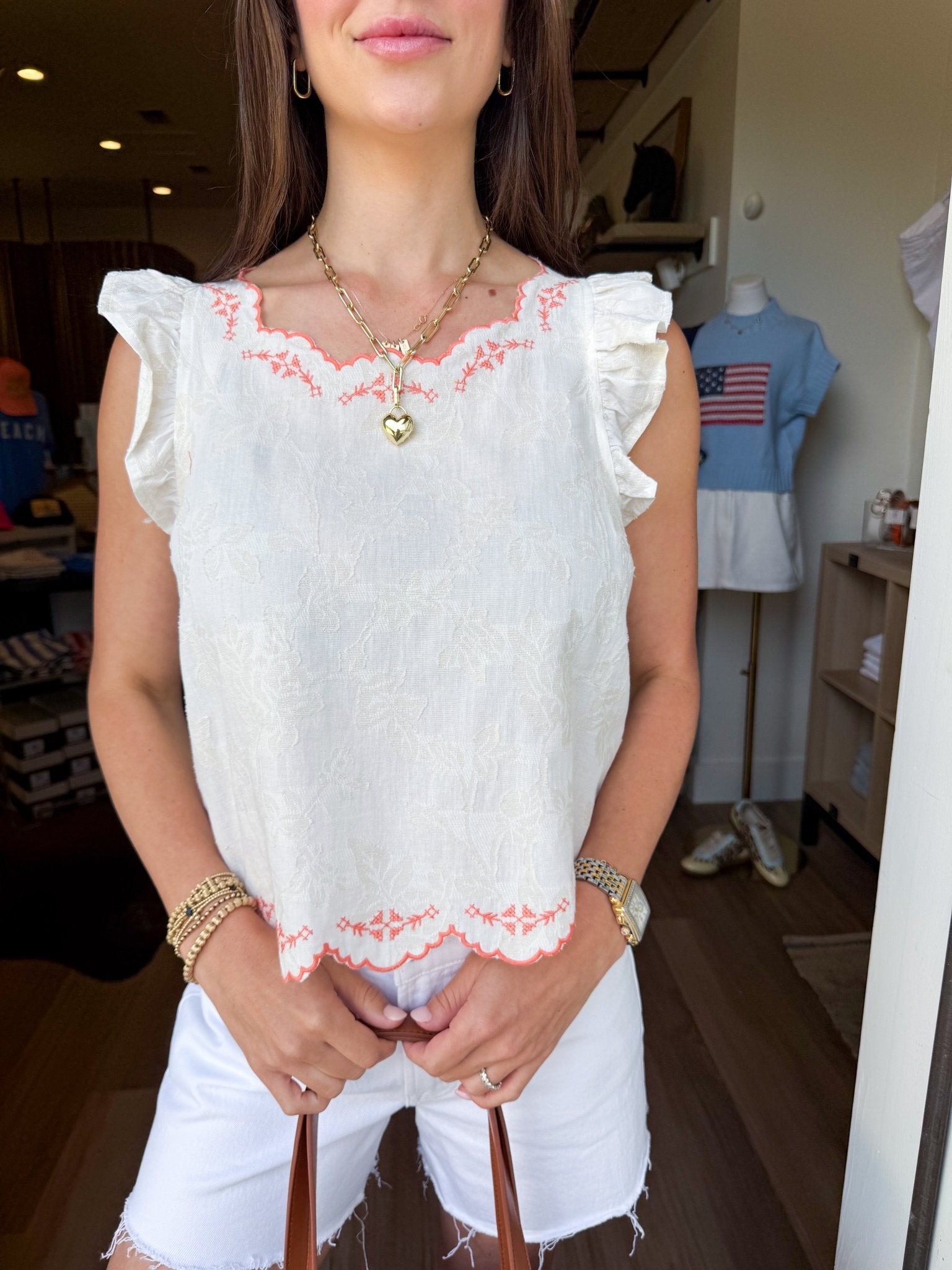 Embroidered Scallop Ruffle Top - Elk + Elm