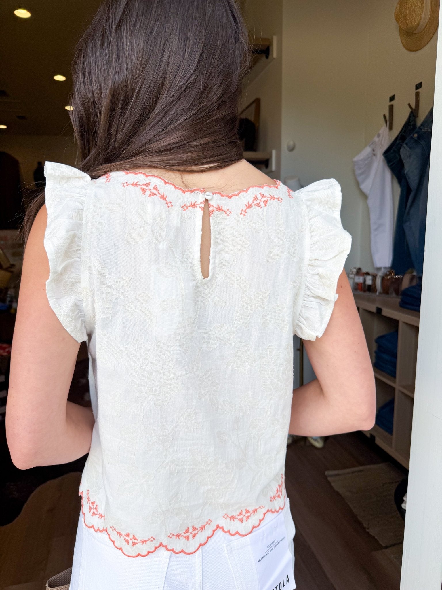 Embroidered Scallop Ruffle Top - Elk + Elm