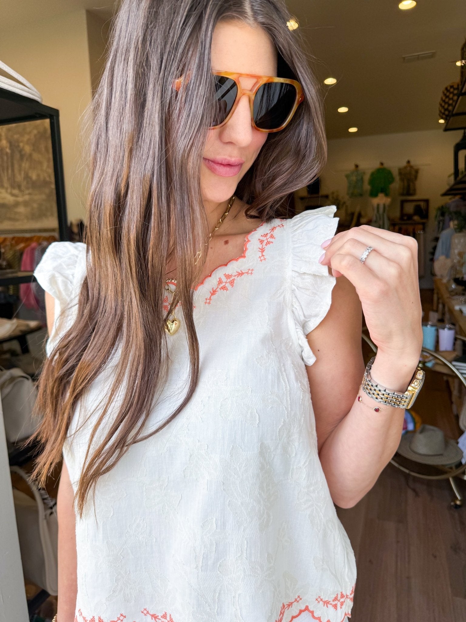Embroidered Scallop Ruffle Top - Elk + Elm