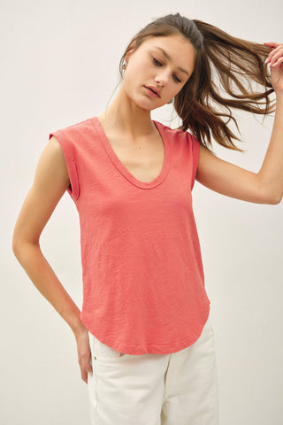 Everyday Cotton Slub Cap Sleeve Tee - Coral - Elk + Elm