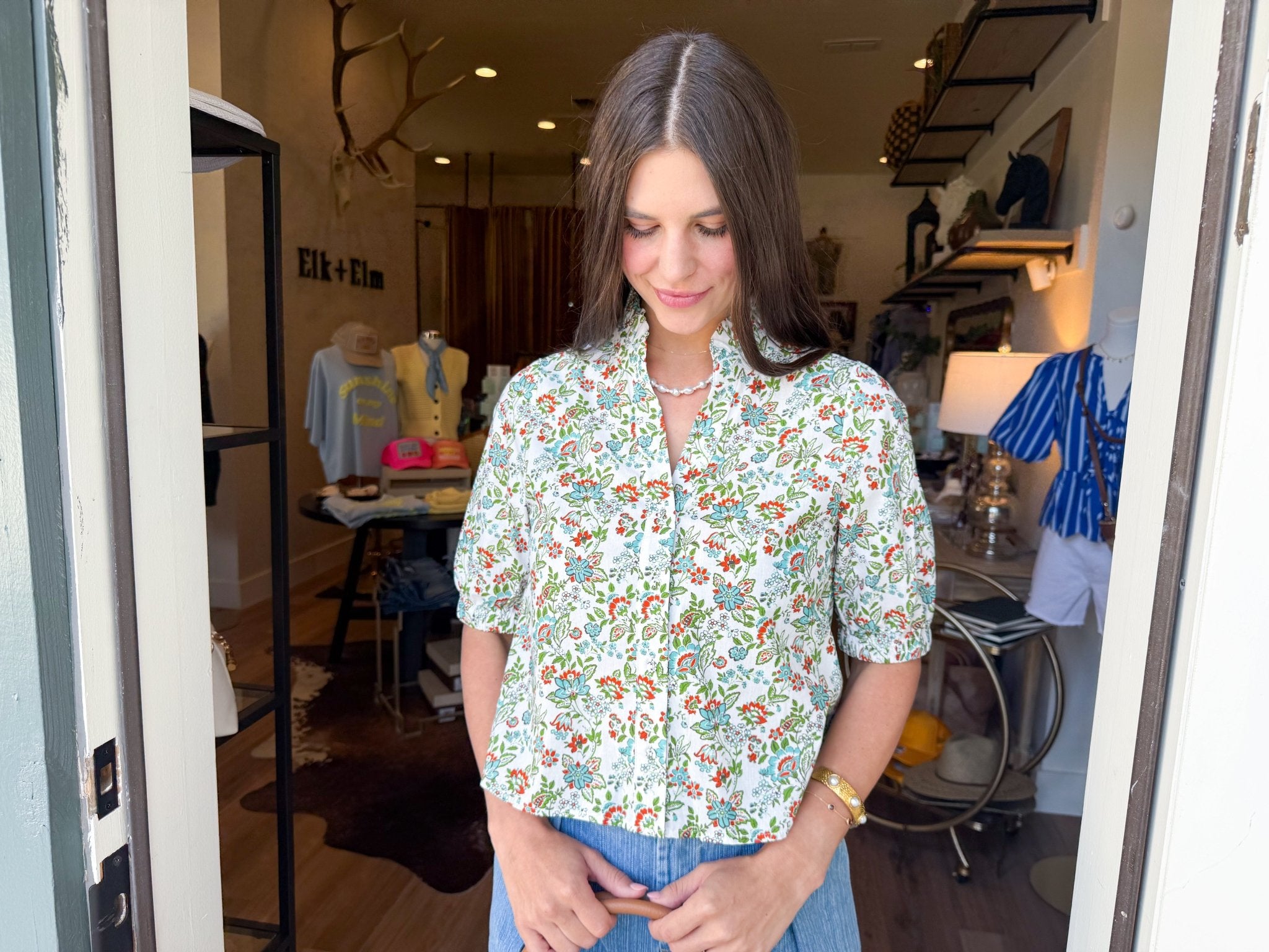 Floral Button-Front Top in Blue - Elk + Elm