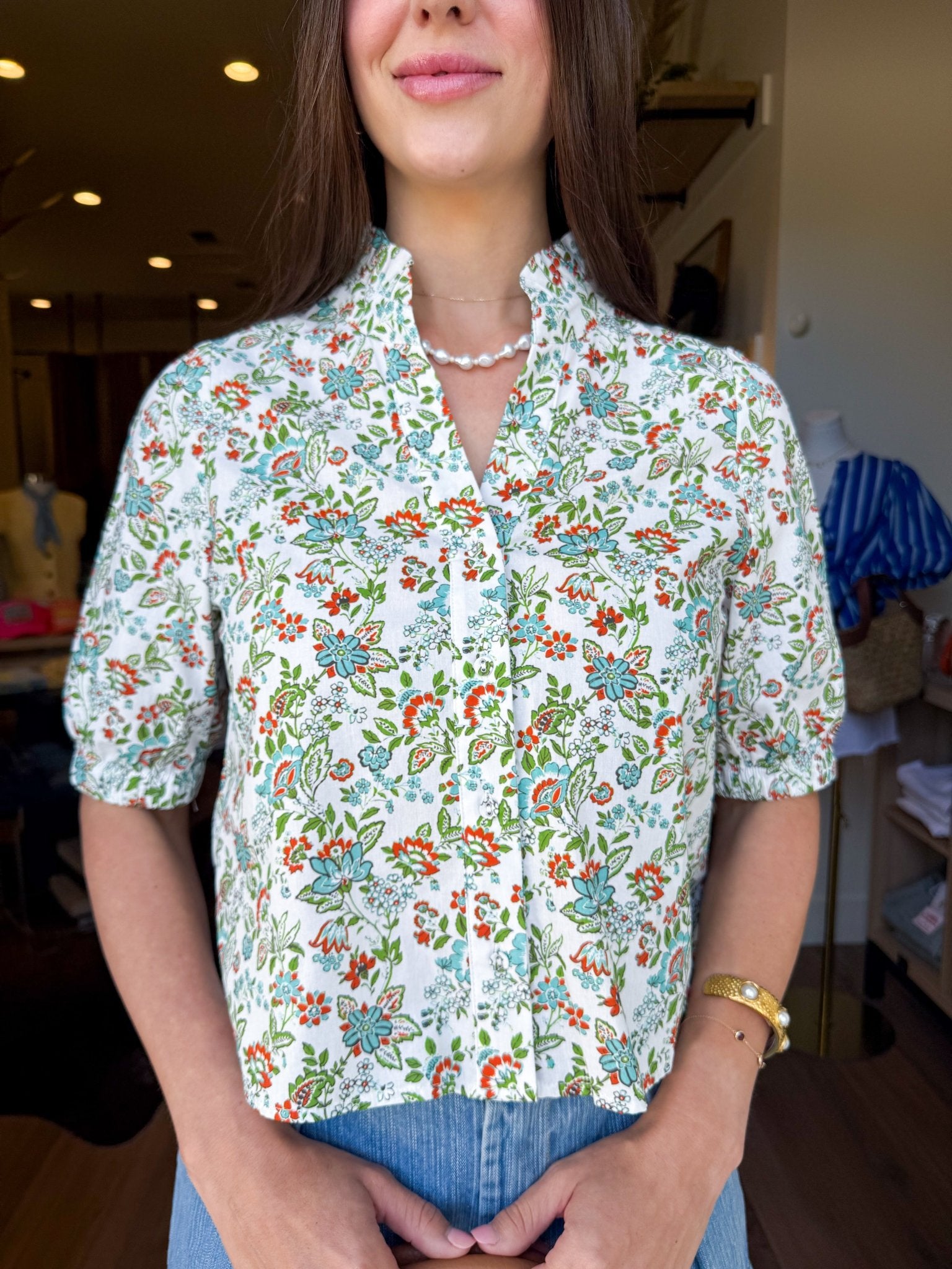 Floral Button-Front Top in Blue - Elk + Elm