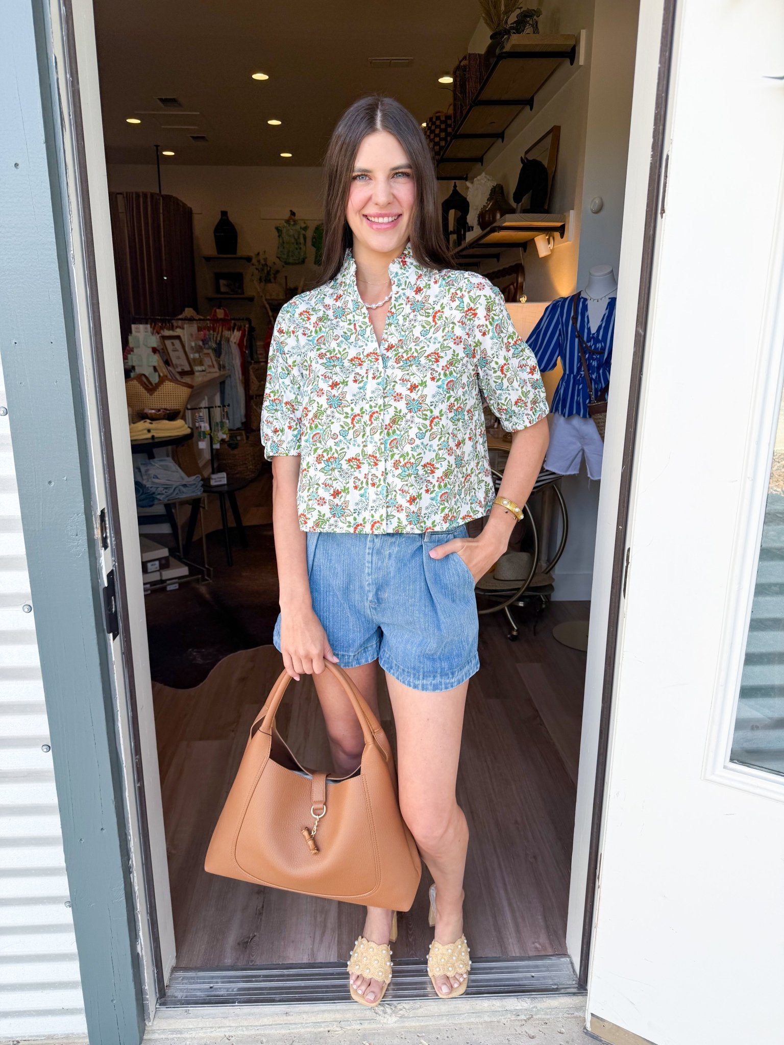 Floral Button-Front Top in Blue - Elk + Elm