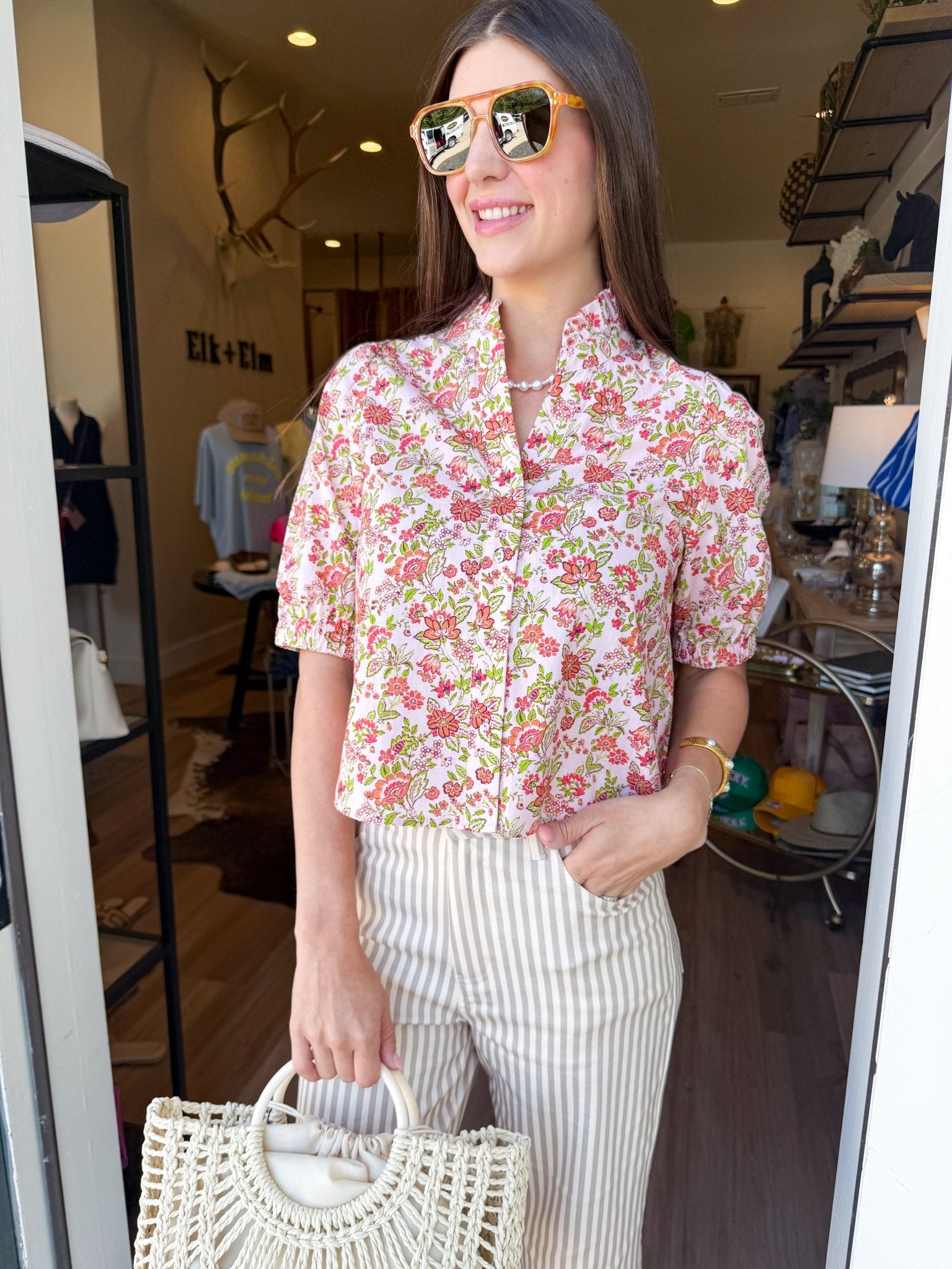 Floral Button-Front Top in Pink - Elk + Elm