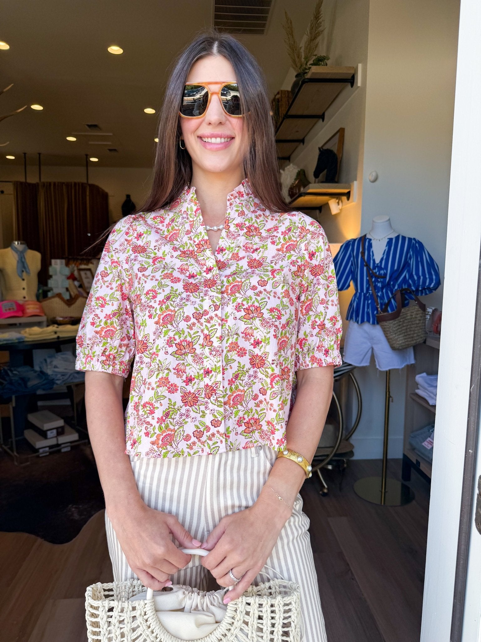Floral Button-Front Top in Pink - Elk + Elm