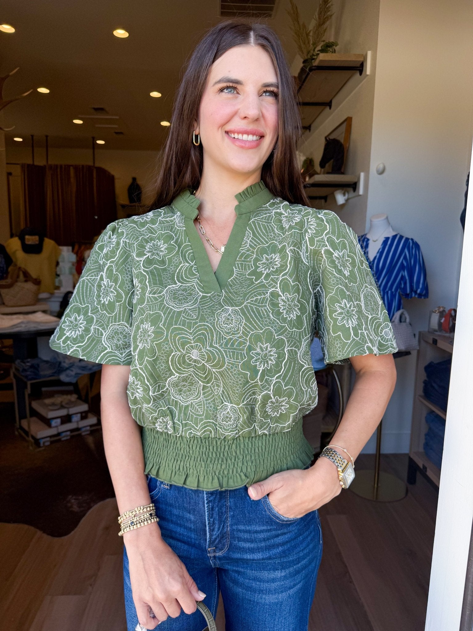 Floral Smocked Ruffle Top - Elk + Elm