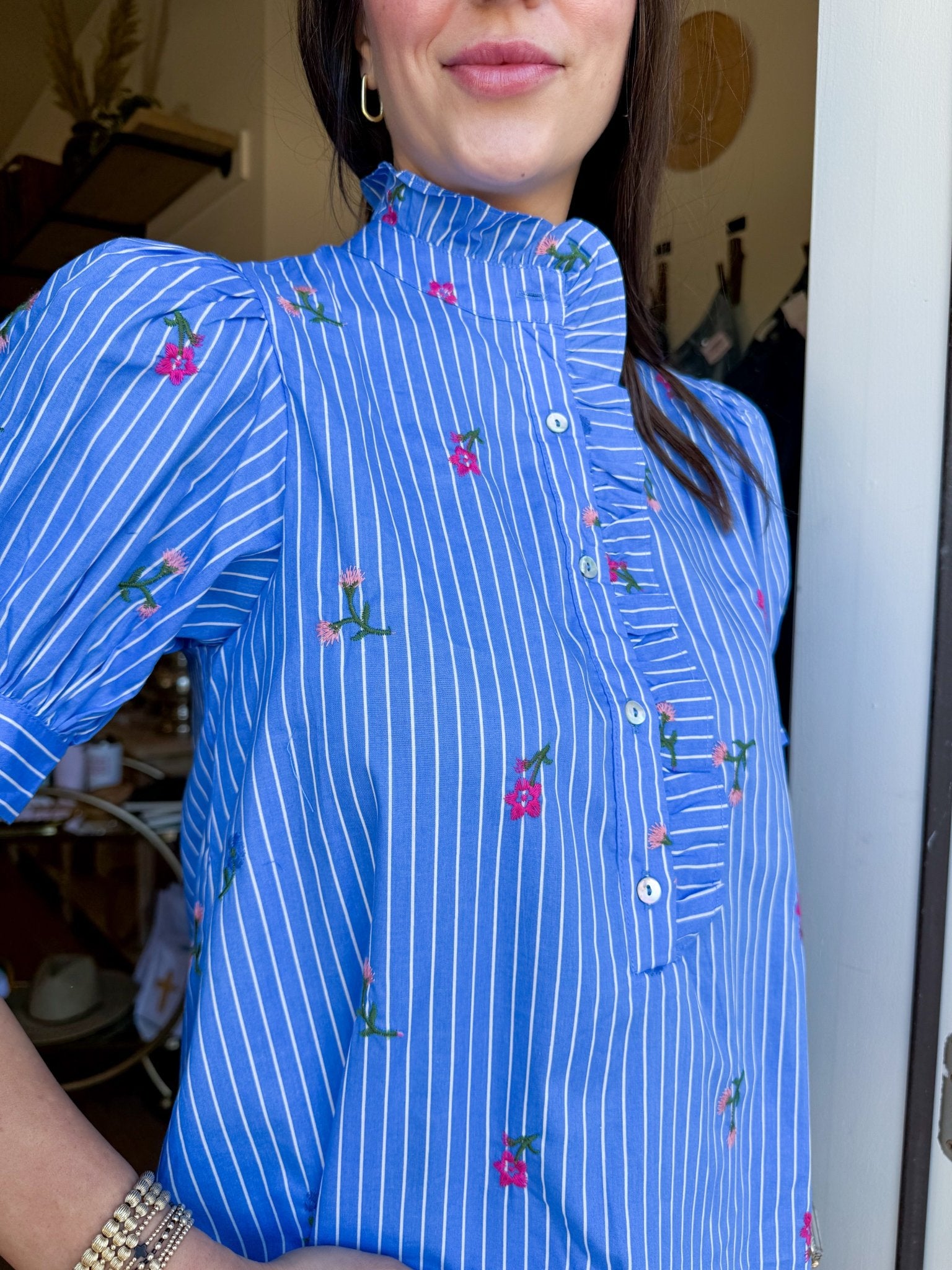 Floral Stripe Ruffle Top - Elk + Elm