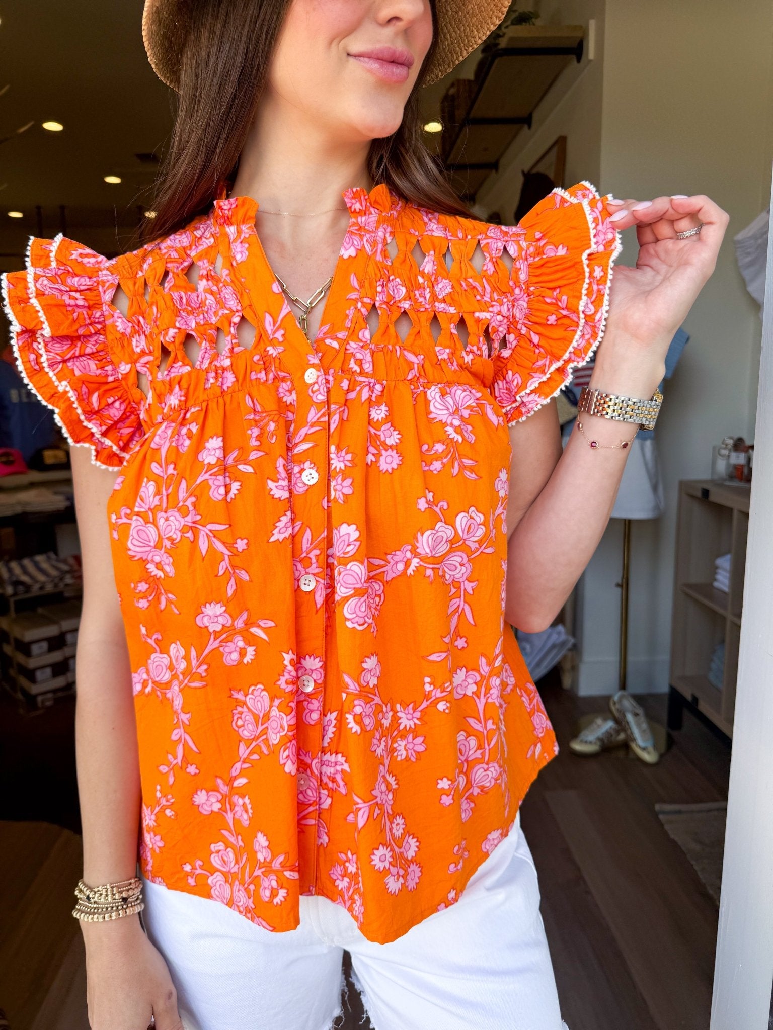 Flutter Sleeve Floral Button-Down Blouse - Elk + Elm
