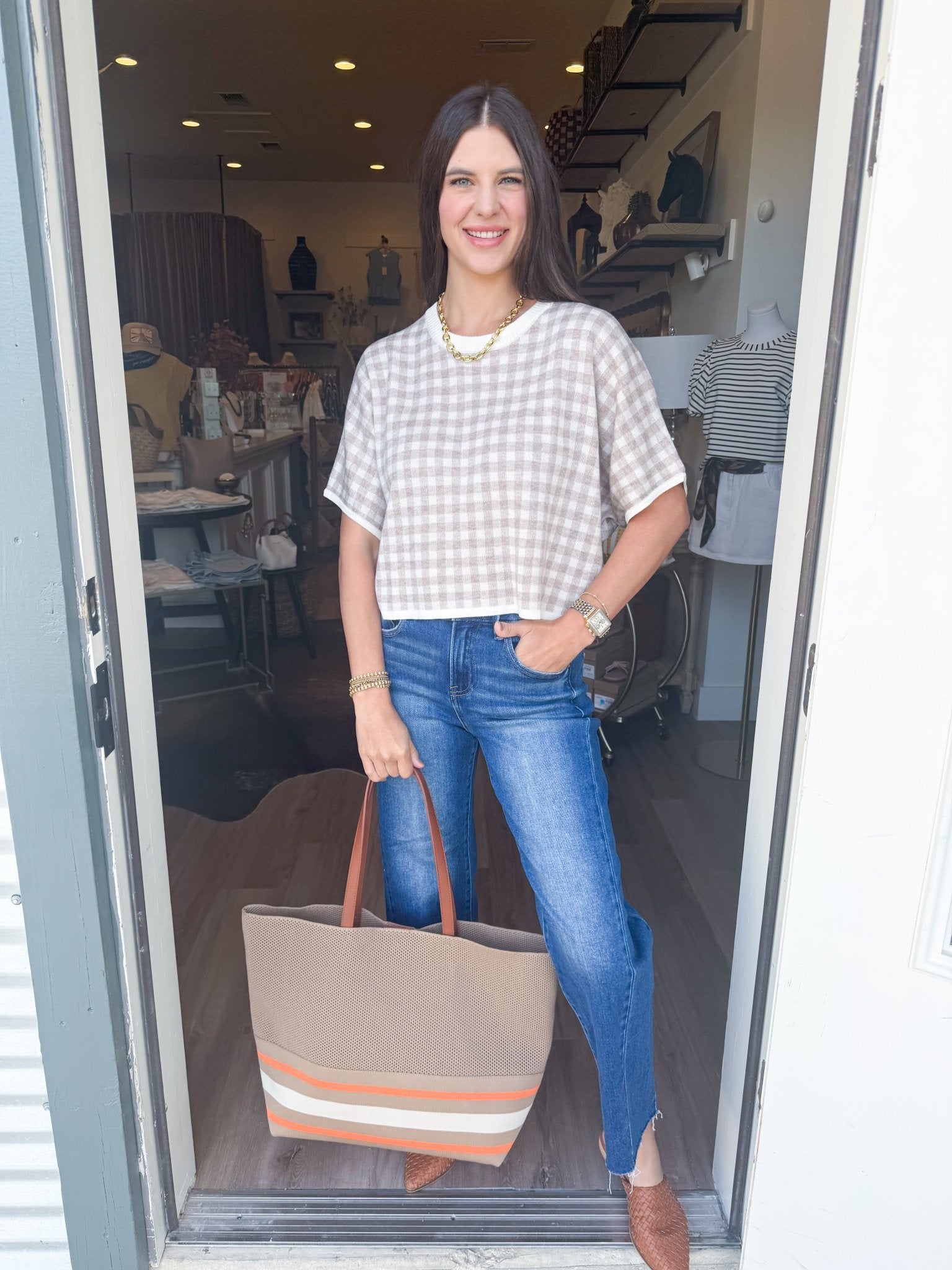 Gingham Knit Crop Tee - Elk + Elm
