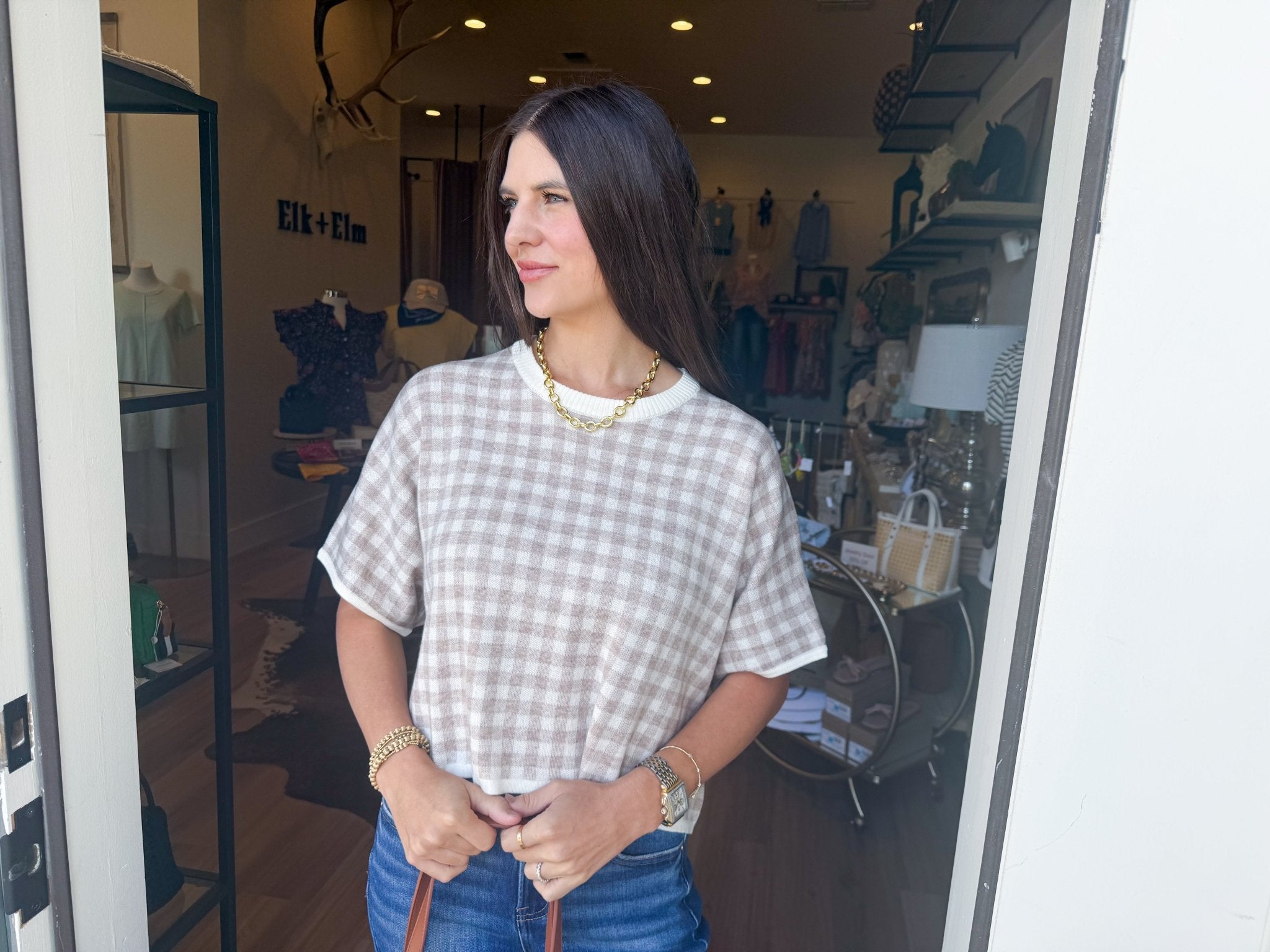 Gingham Knit Crop Tee - Elk + Elm