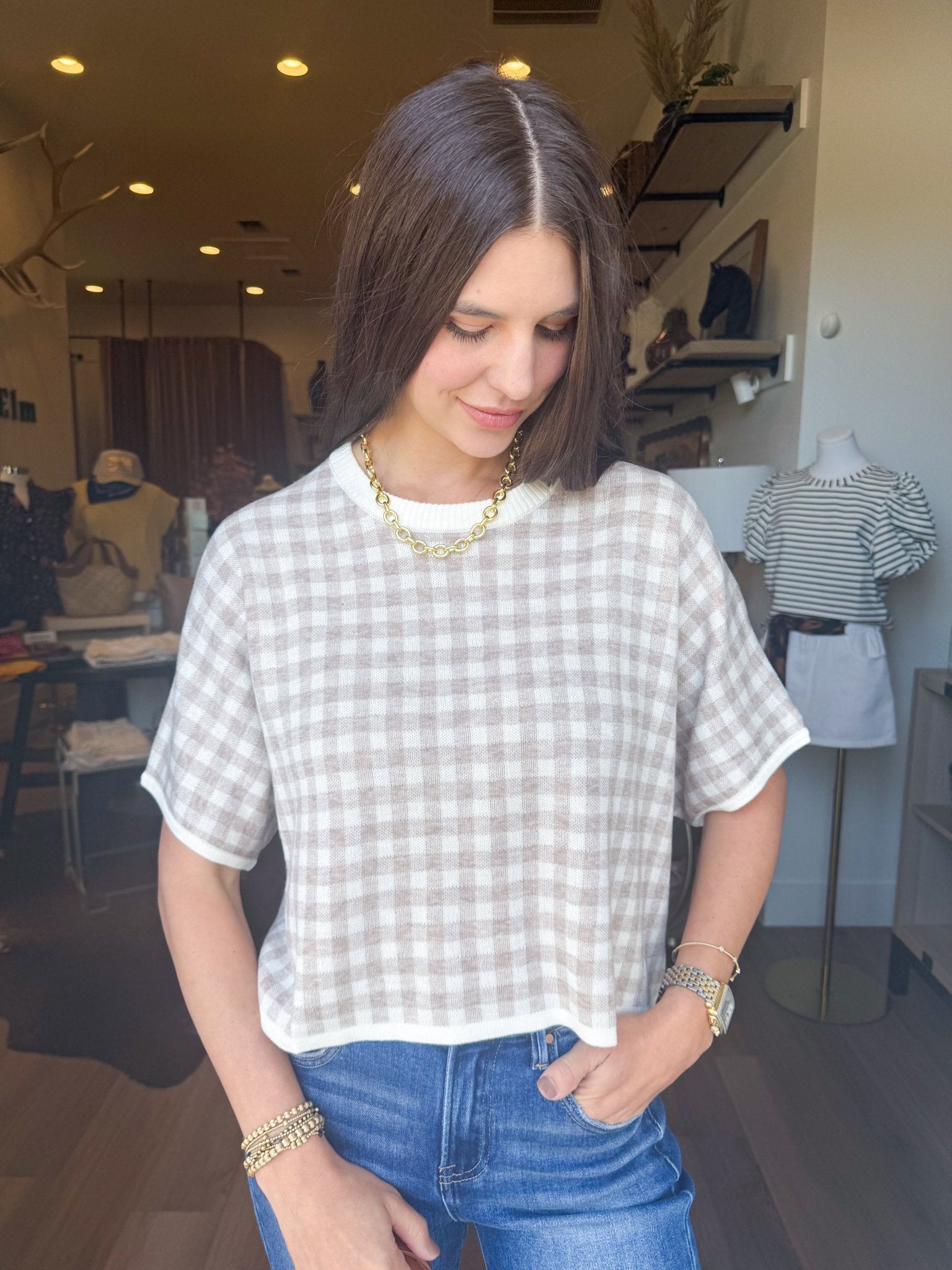 Gingham Knit Crop Tee - Elk + Elm
