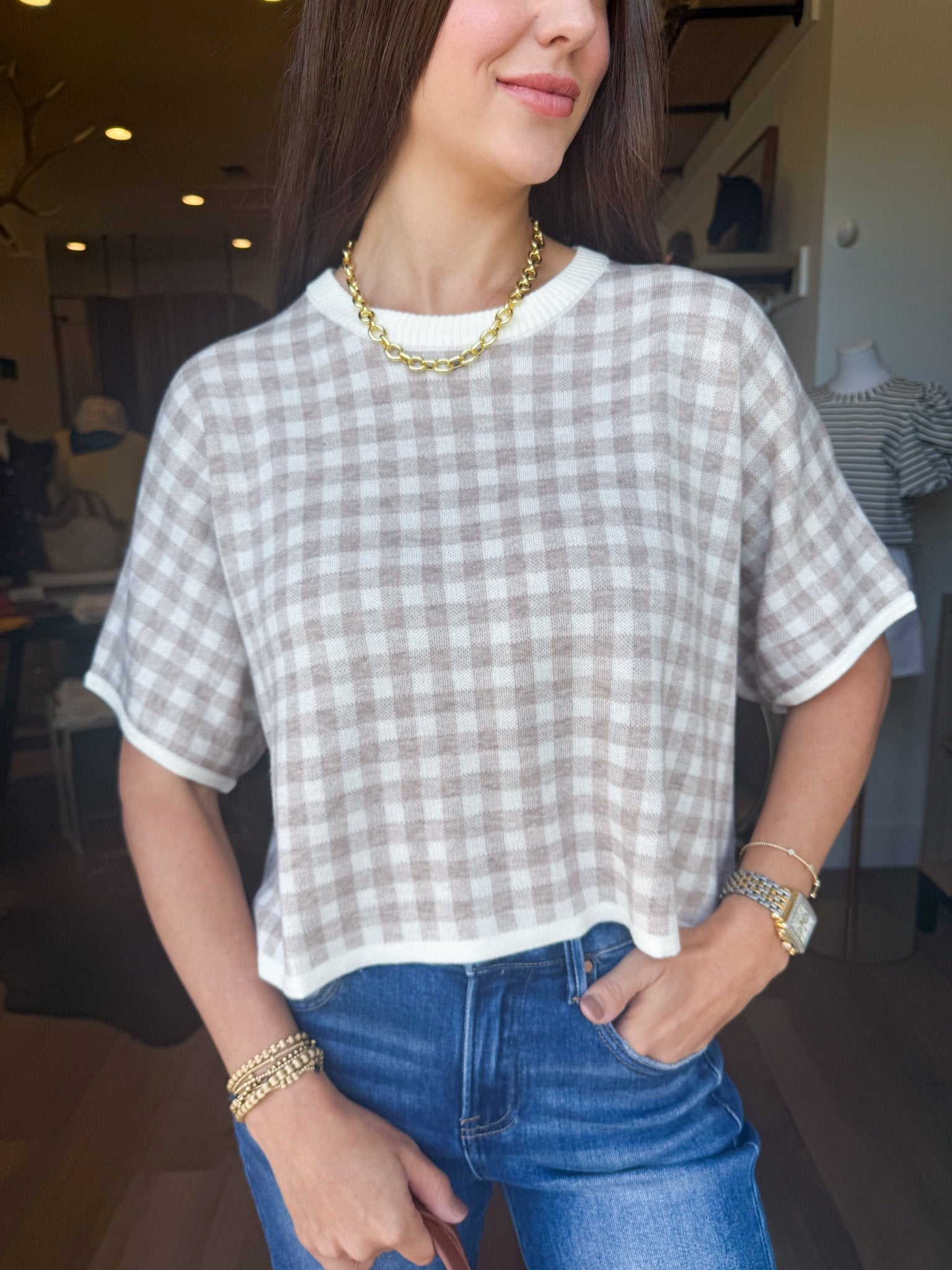 Gingham Knit Crop Tee - Elk + Elm
