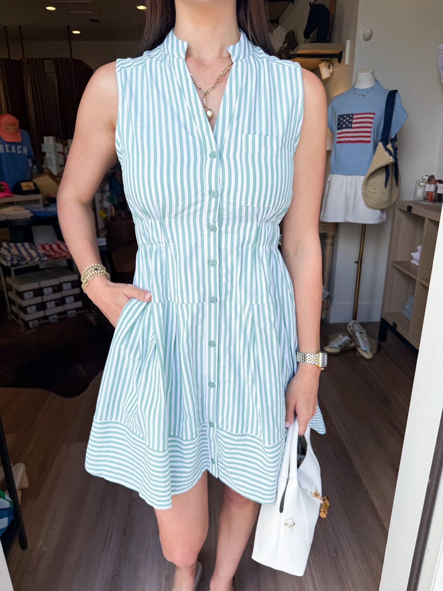 Green Stripe Button Dress - Elk + Elm