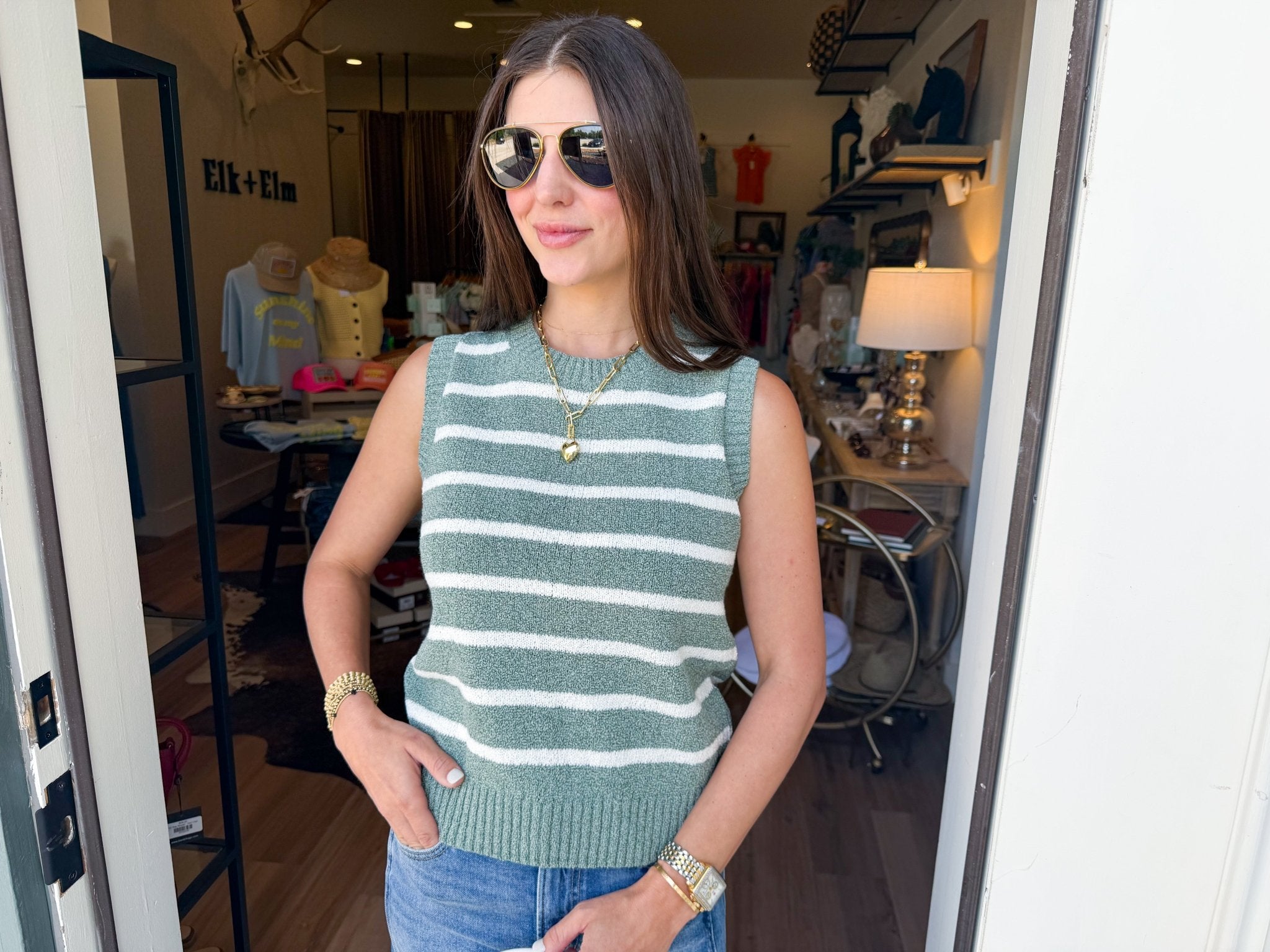 Green Stripe Knit Tank - Elk + Elm