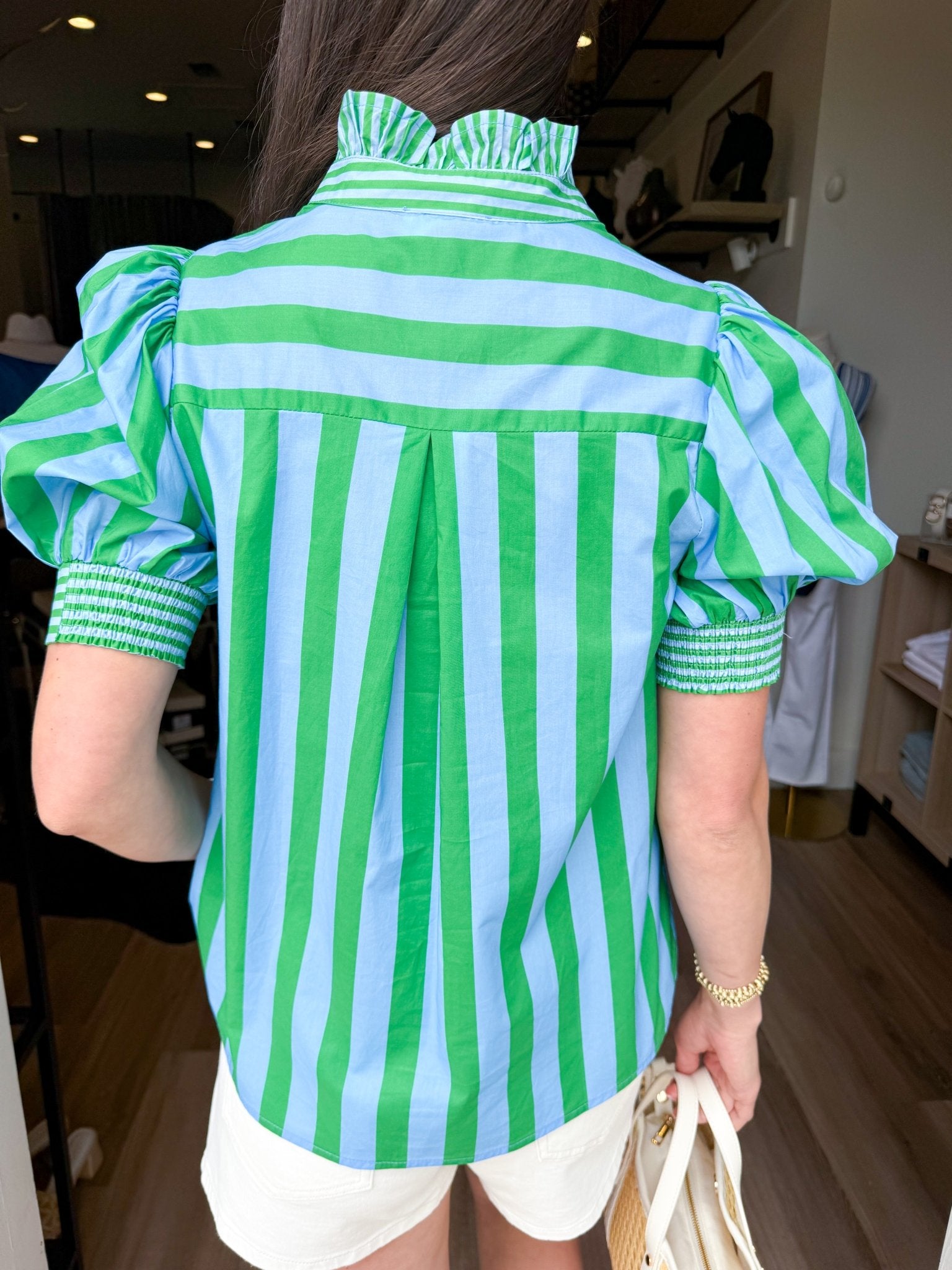 Green Stripe Puff Top - Elk + Elm