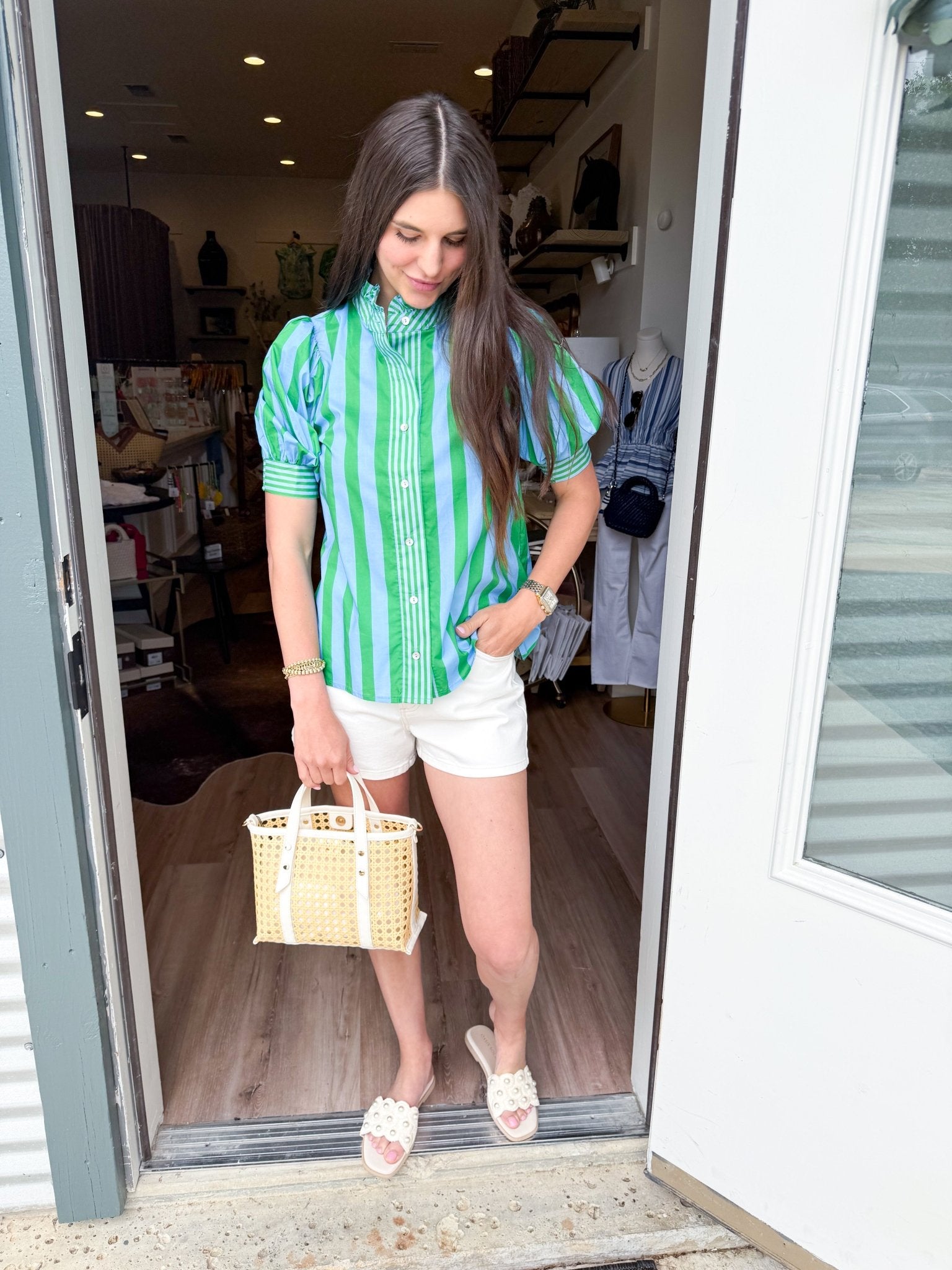 Green Stripe Puff Top - Elk + Elm