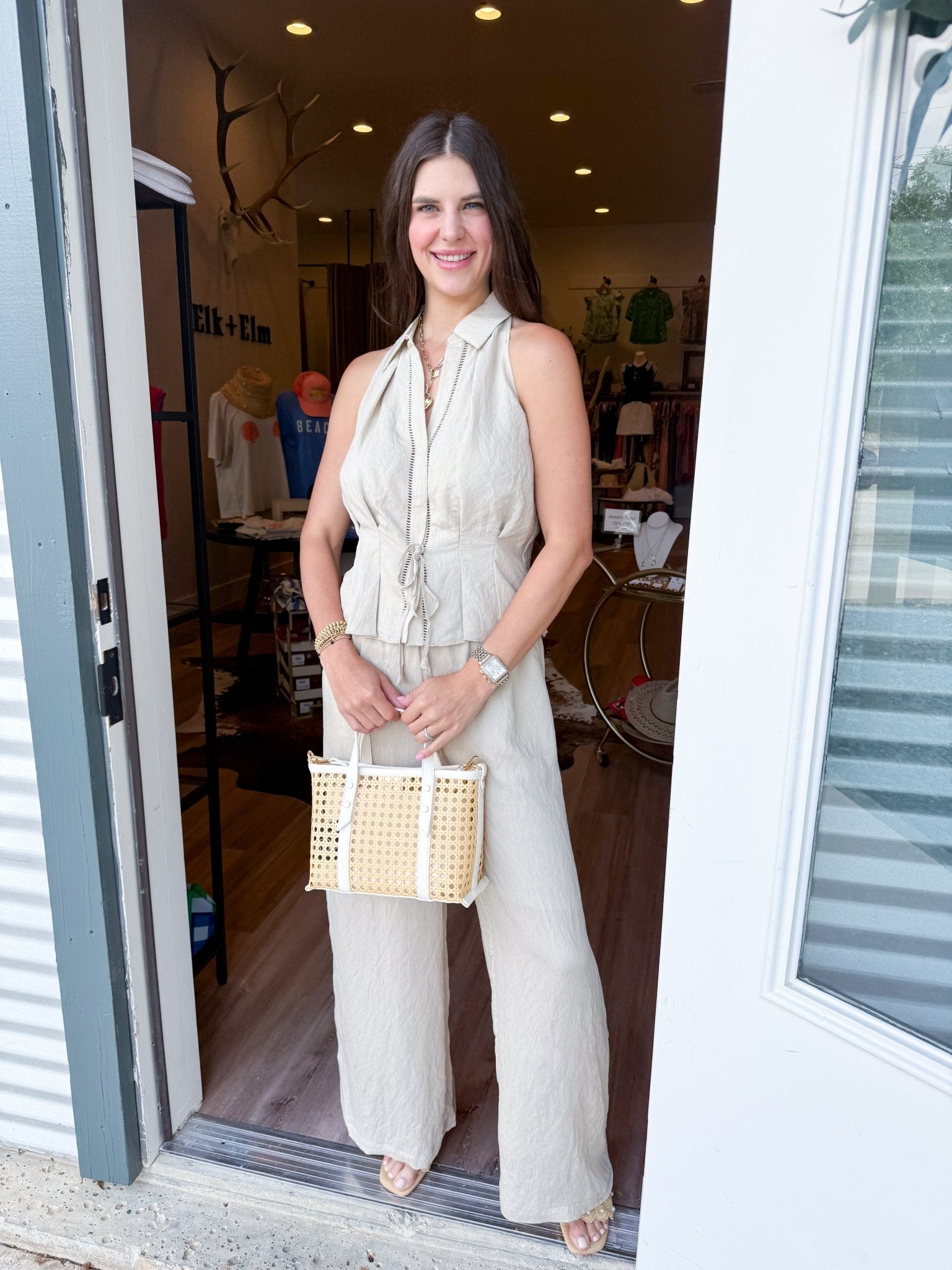 Halter Tie Textured Top - Elk + Elm