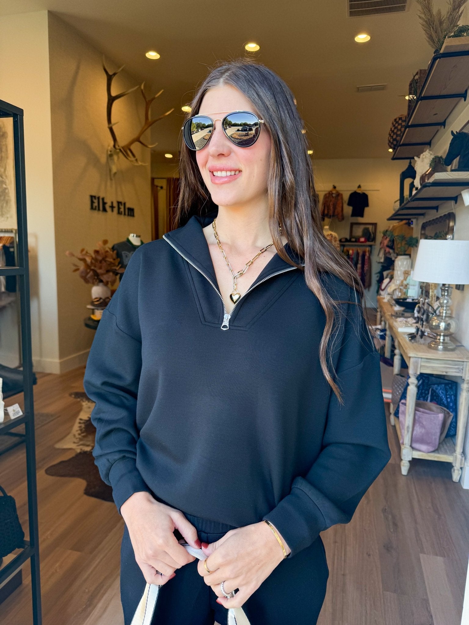 Hawley Half Zip Sweater- Black - Elk + Elm