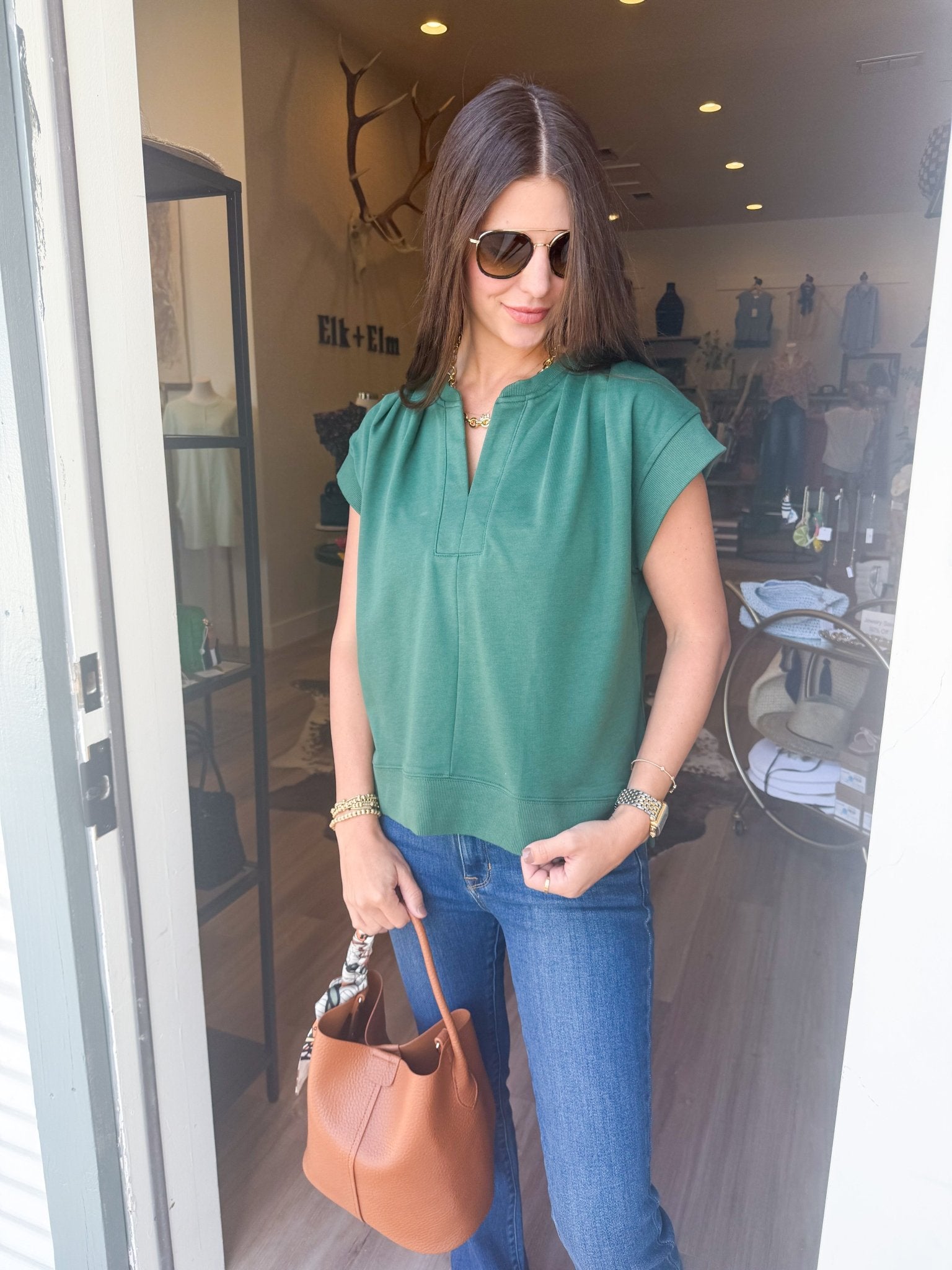 Ivy Pleated V-Neck Top - Elk + Elm