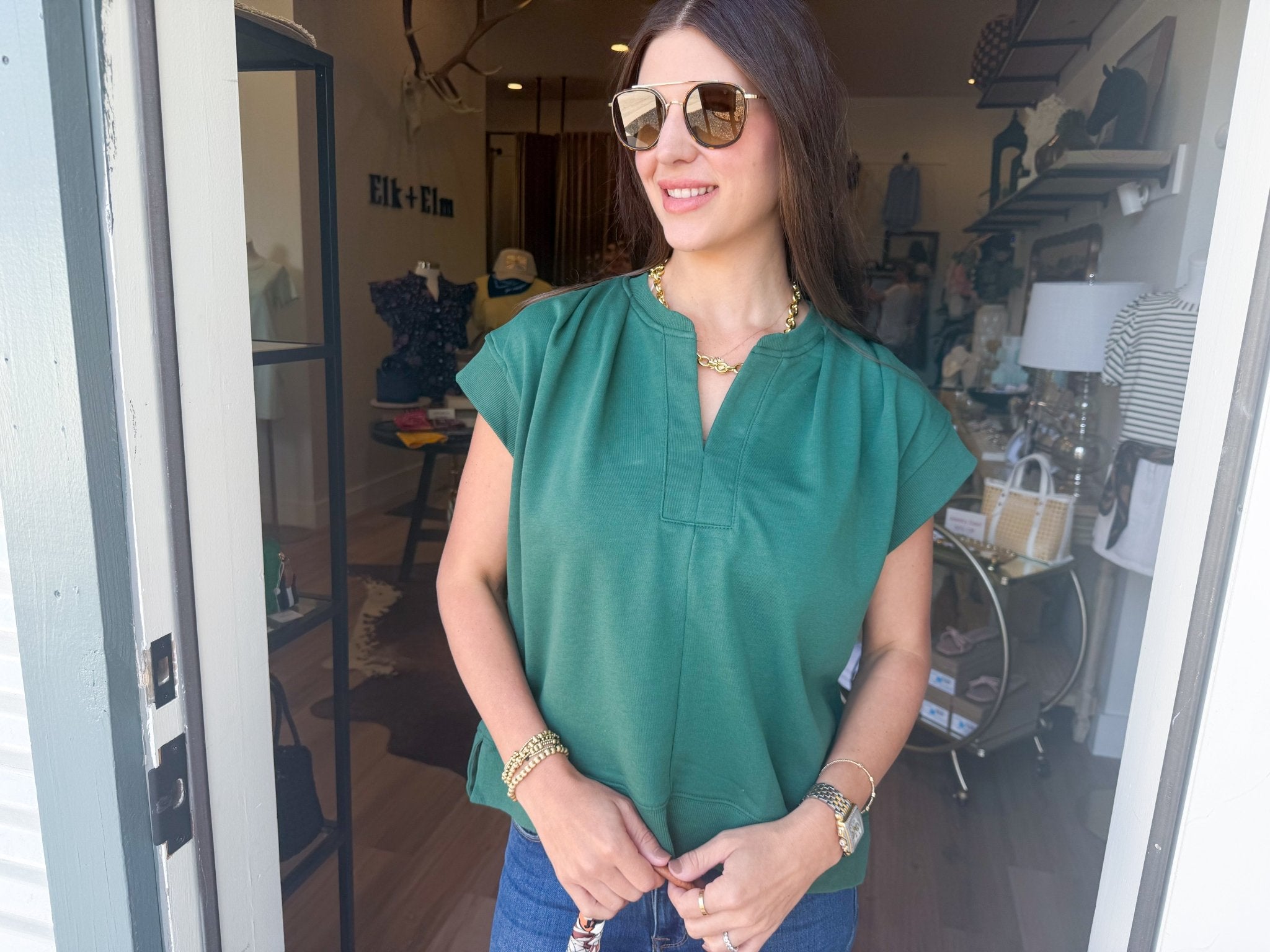 Ivy Pleated V-Neck Top - Elk + Elm
