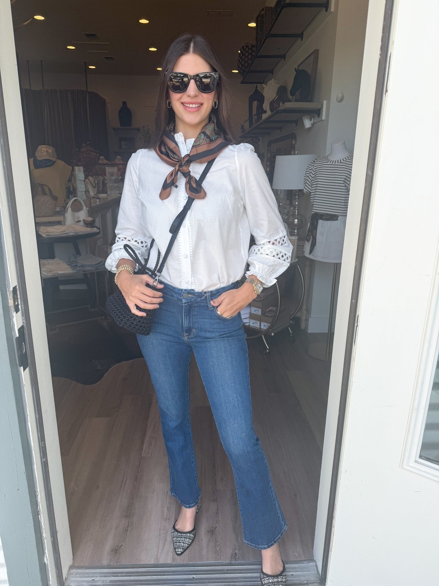 Lace Trim Button Blouse - Elk + Elm