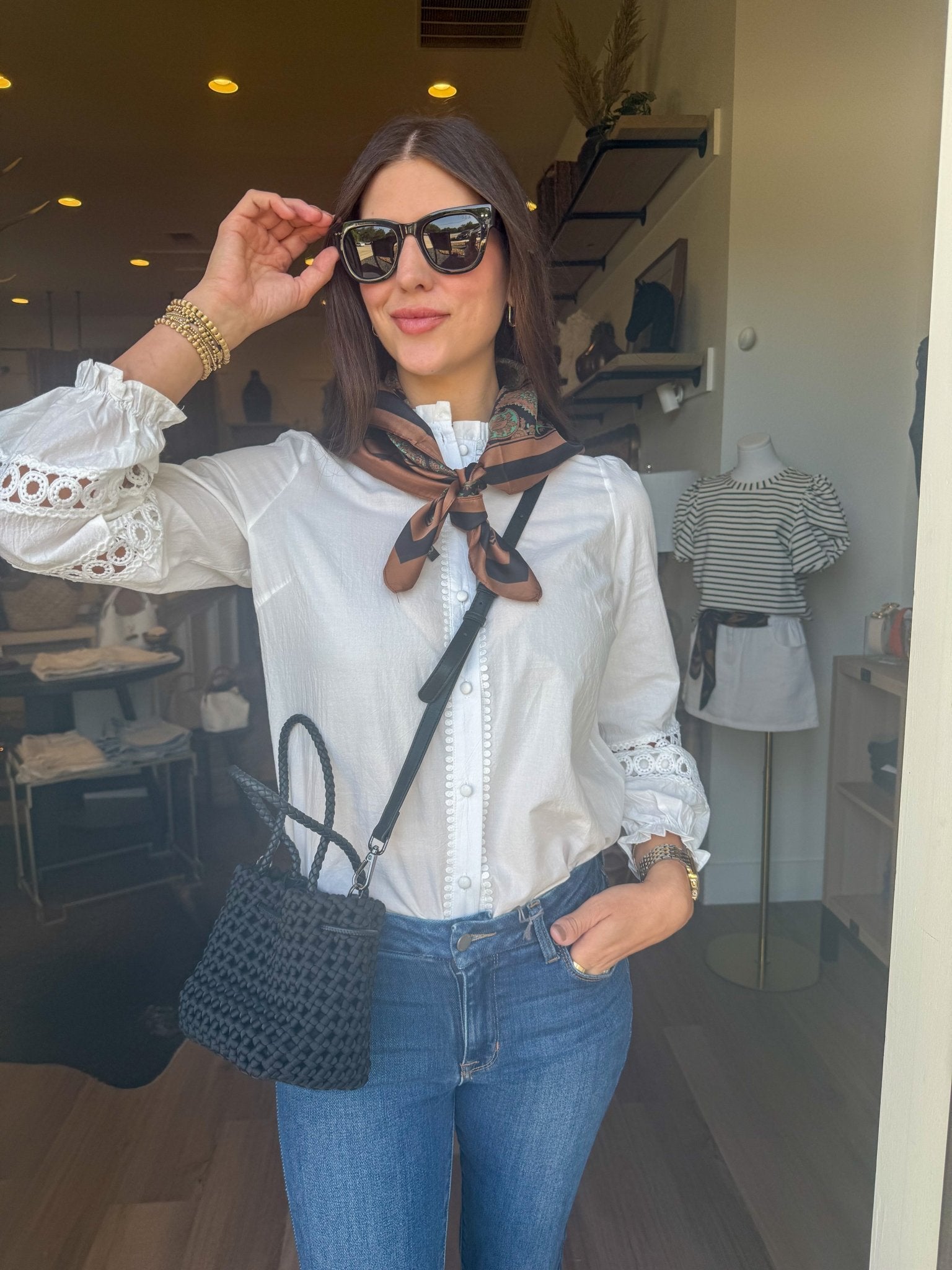 Lace Trim Button Blouse - Elk + Elm