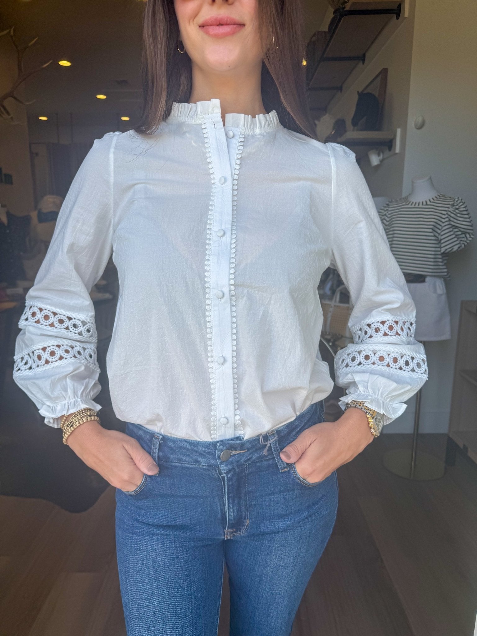 Lace Trim Button Blouse - Elk + Elm