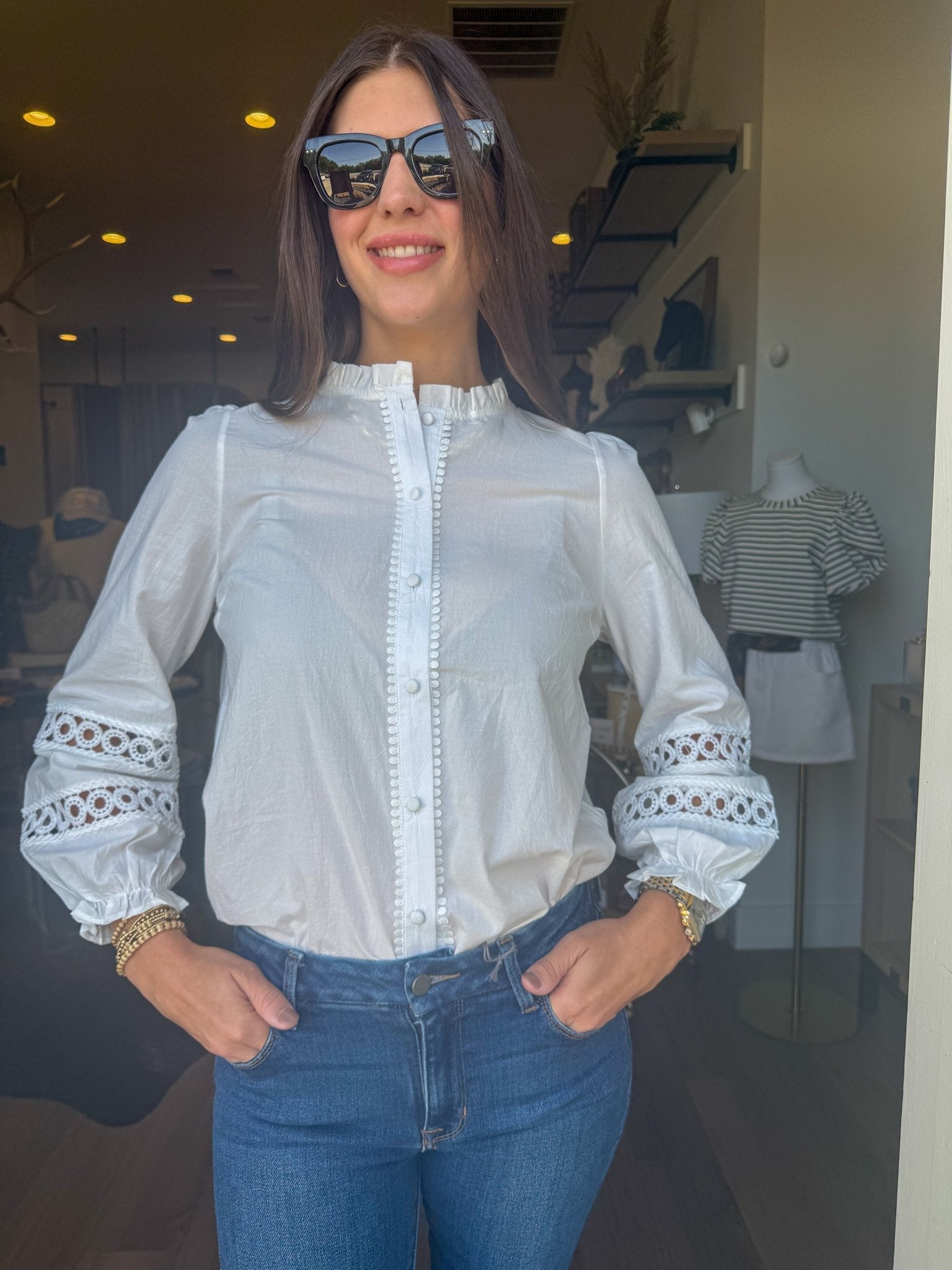 Lace Trim Button Blouse - Elk + Elm