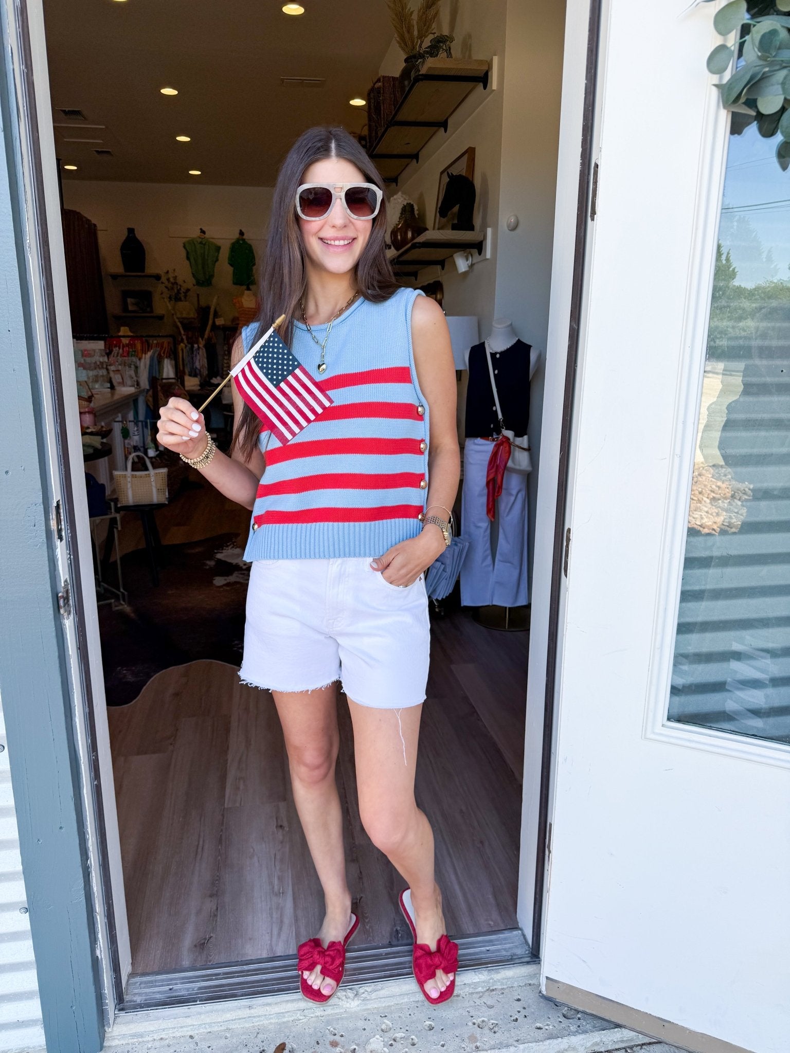Marina Strip Button Tank - Blue - Elk + Elm