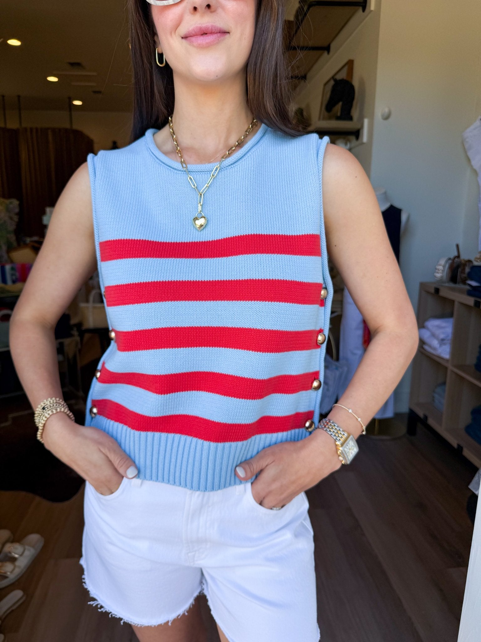 Marina Strip Button Tank - Blue - Elk + Elm