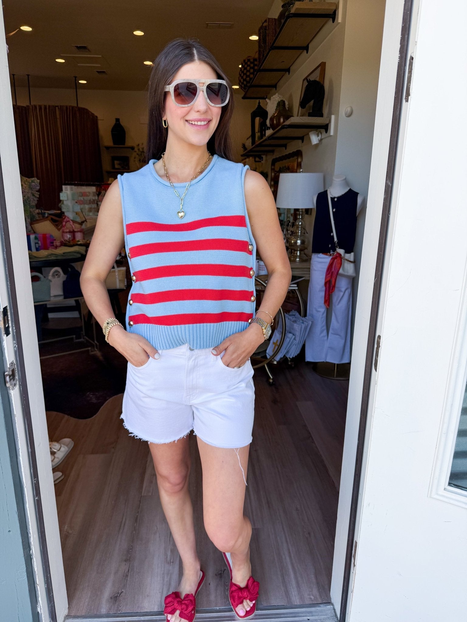 Marina Strip Button Tank - Blue - Elk + Elm