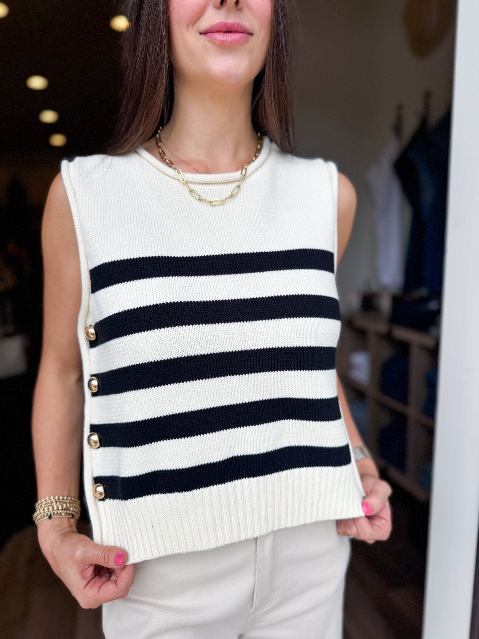 Marina Stripe Button Tank - Elk + Elm