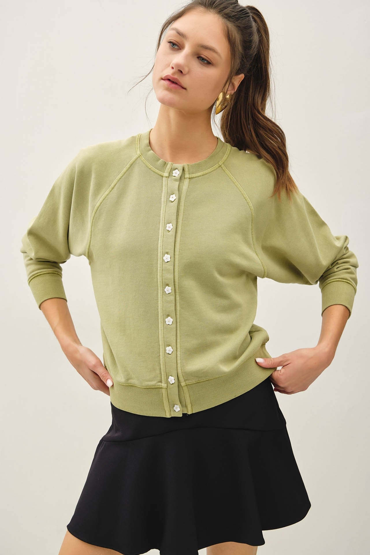 Matcha Vintage Wash Flower Button Cardigan - Elk + Elm