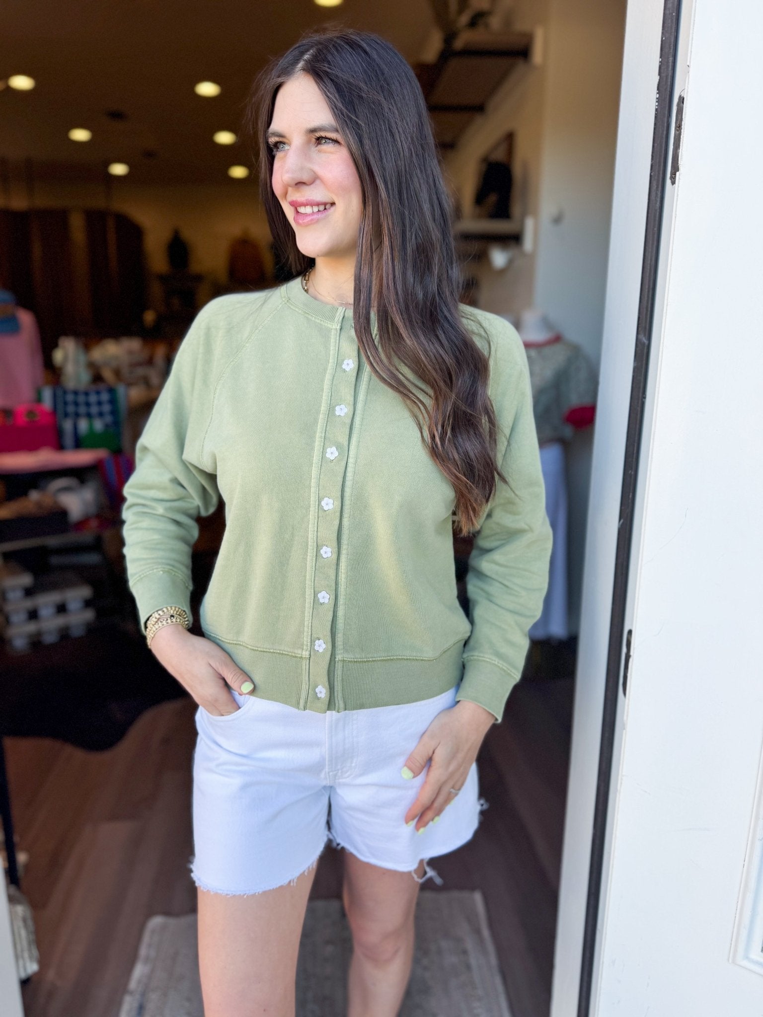 Matcha Vintage Wash Flower Button Cardigan - Elk + Elm