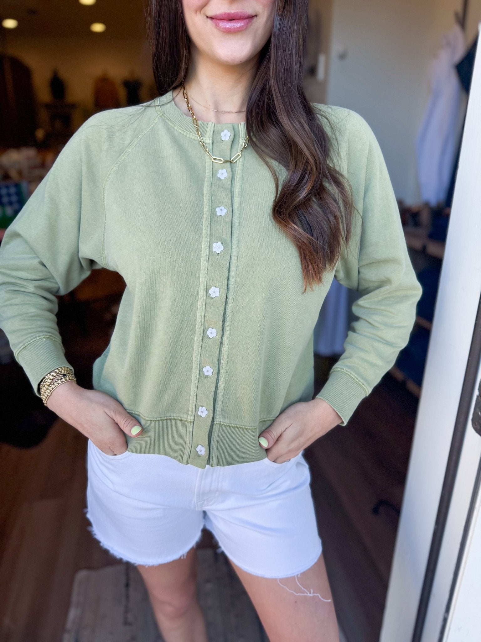 Matcha Vintage Wash Flower Button Cardigan - Elk + Elm
