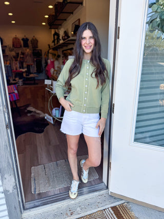 Matcha Vintage Wash Flower Button Cardigan - Elk + Elm