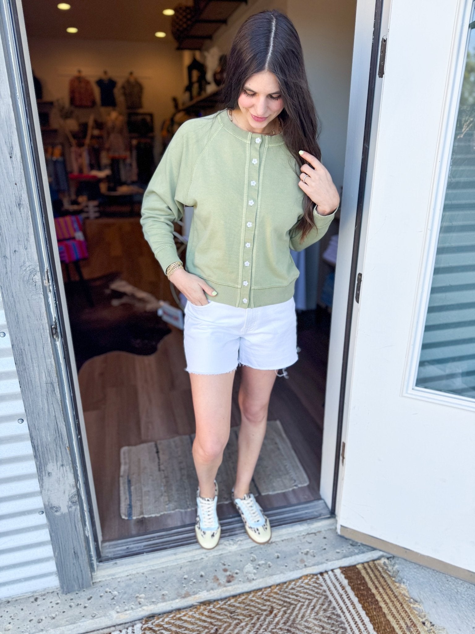 Matcha Vintage Wash Flower Button Cardigan - Elk + Elm