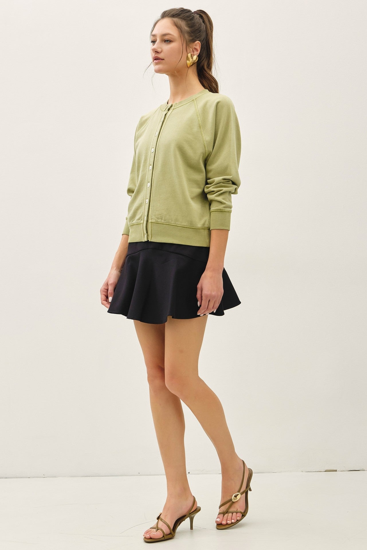 Matcha Vintage Wash Flower Button Cardigan - Elk + Elm