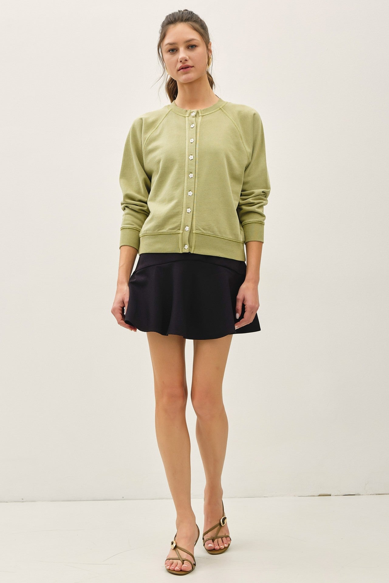 Matcha Vintage Wash Flower Button Cardigan - Elk + Elm