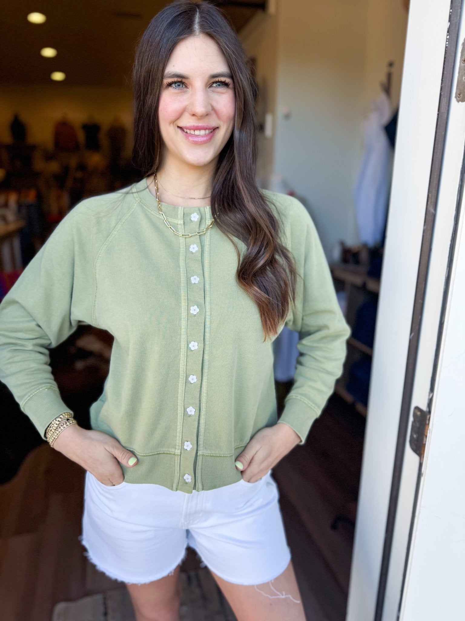 Matcha Vintage Wash Flower Button Cardigan - Elk + Elm